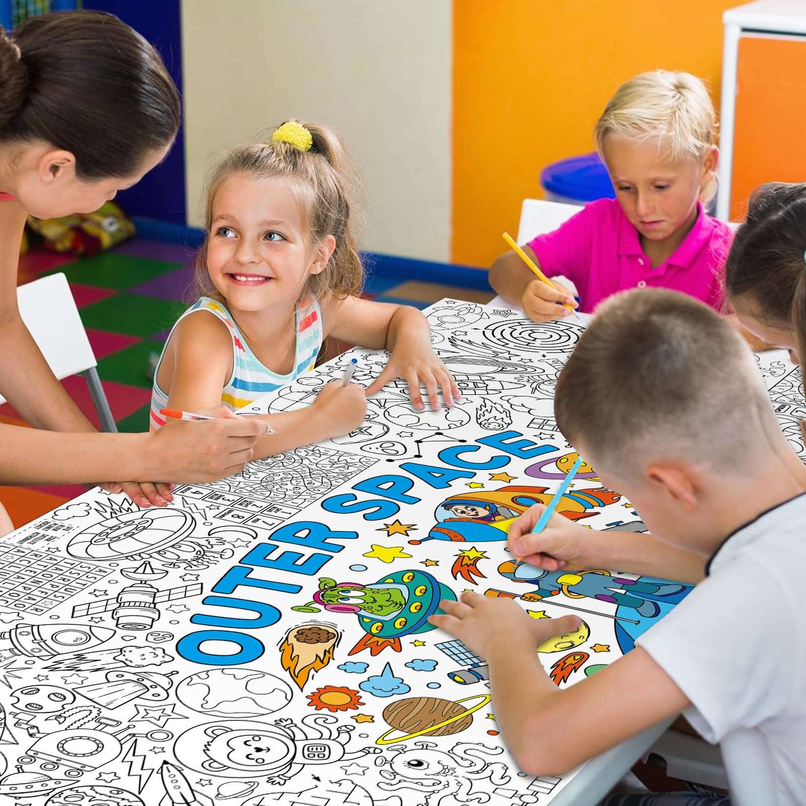 Outer Space Giant Coloring Poster for Kids 30 x 72 Inch, Space Large Coloring Poster Tablecloth, Outer Space Themed Color-in Activities Games for Kids School Classroom Home Party Supplies Decorations 6