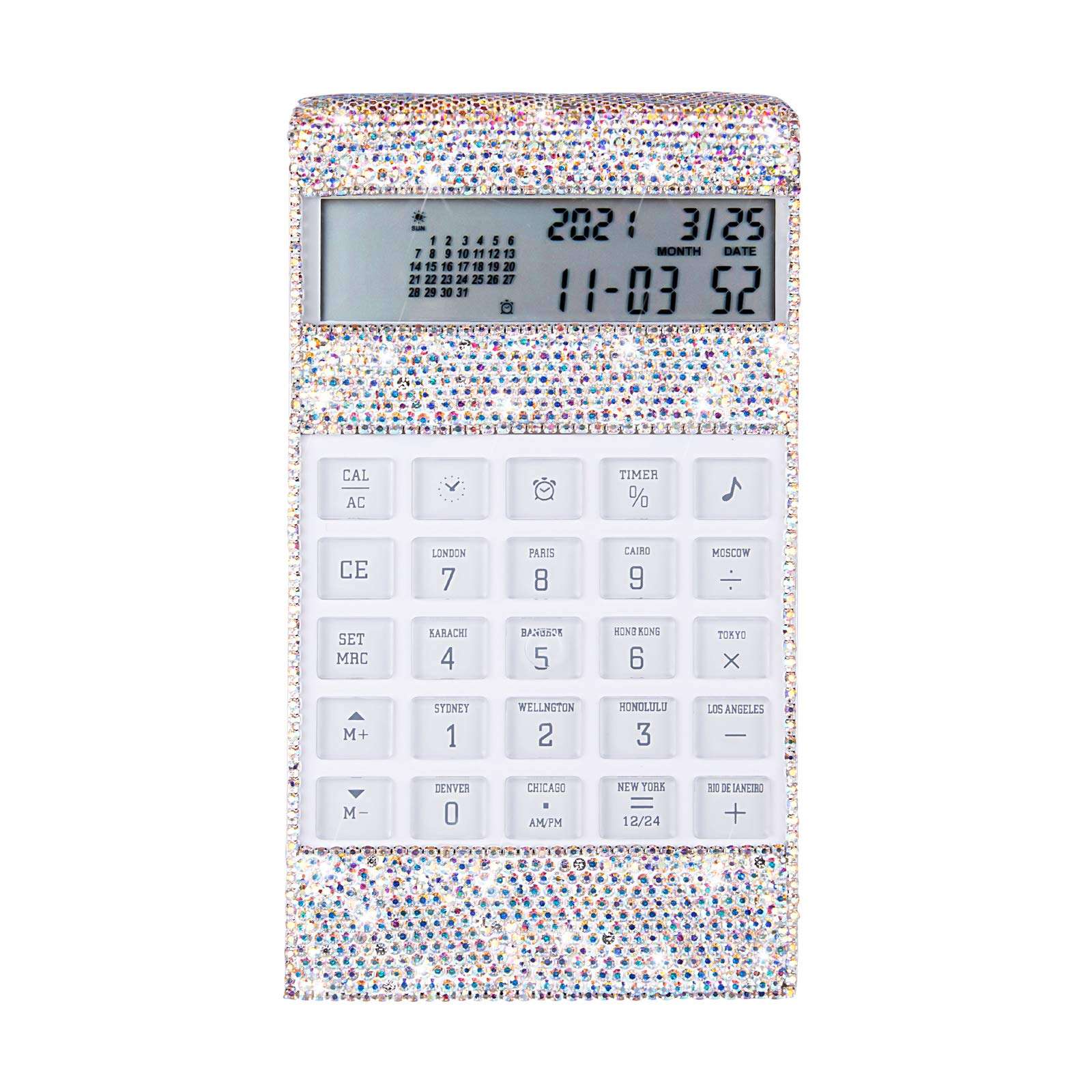 Office Calculator with Bling Crystal Decorative with Calendar Time Alarm Clock for Fashionable Desk Accessory, Office or Home Gift (AB Color) 1