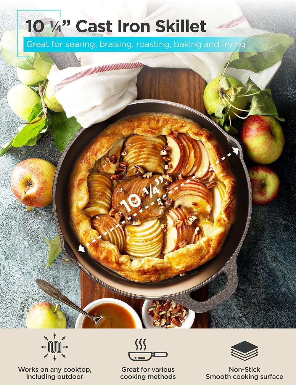 BLACK+DECKER 10.25" Cast Iron Skillet, Pre-Seasoned Frying Pan with Bronze Finish, Polished Interior, Cast Iron Pan Works on All Cooktops Including Induction, Oven & Grill Safe, BDK201BR, Bronze 3