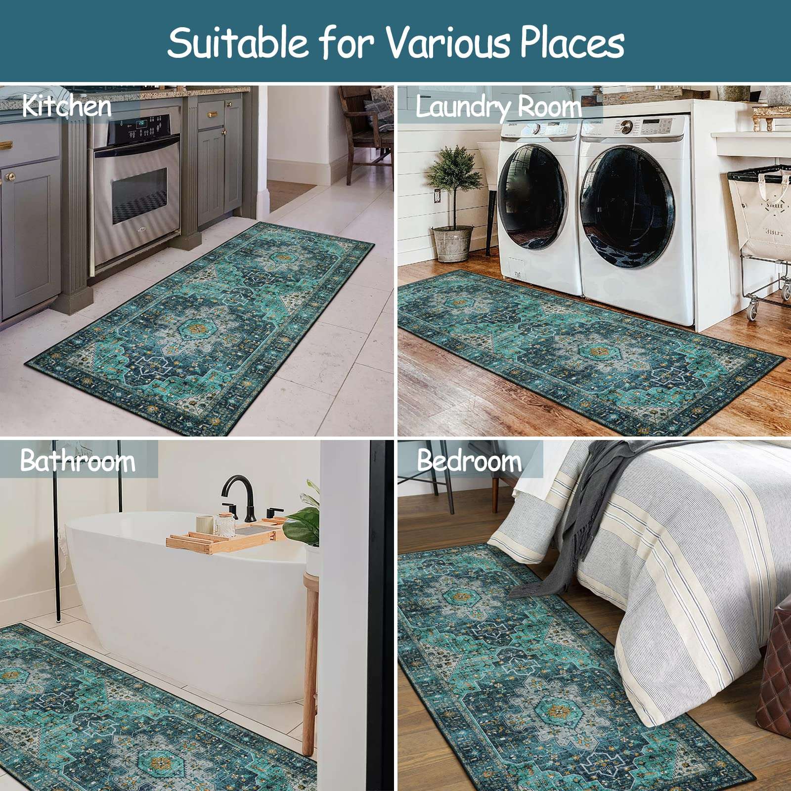 Moynesa Ultra-Thin Washable Teal Non Slip Bathroom Rug - 2x6 Laundry Room Mat, Machine Washable Non-Slip Pet Friendly Carpet Runner for Camper RV Foyer Kitchen Hallway 6