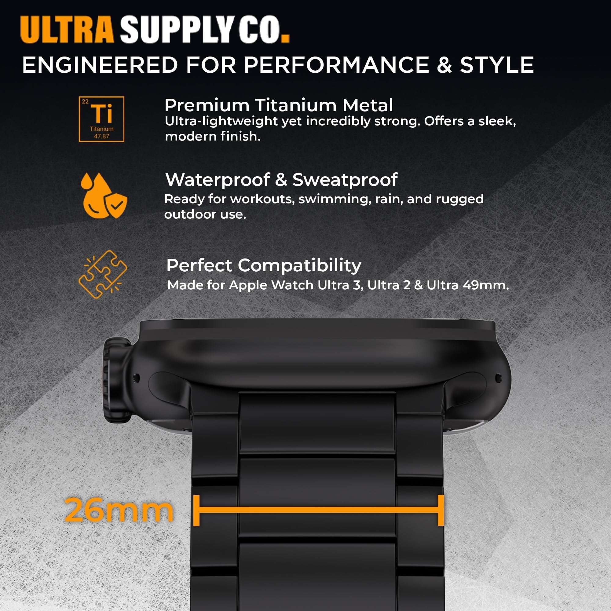 Ultra Supply Co. Titanium Apple Watch Ultra Band - Premium Titanium Watch Band 49mm - DLC Coating - Foldover Clasp - Adjustable Metal Bands for Apple Watch Ultra 3, 2, 1-26mm Wide, Black Titanium 3