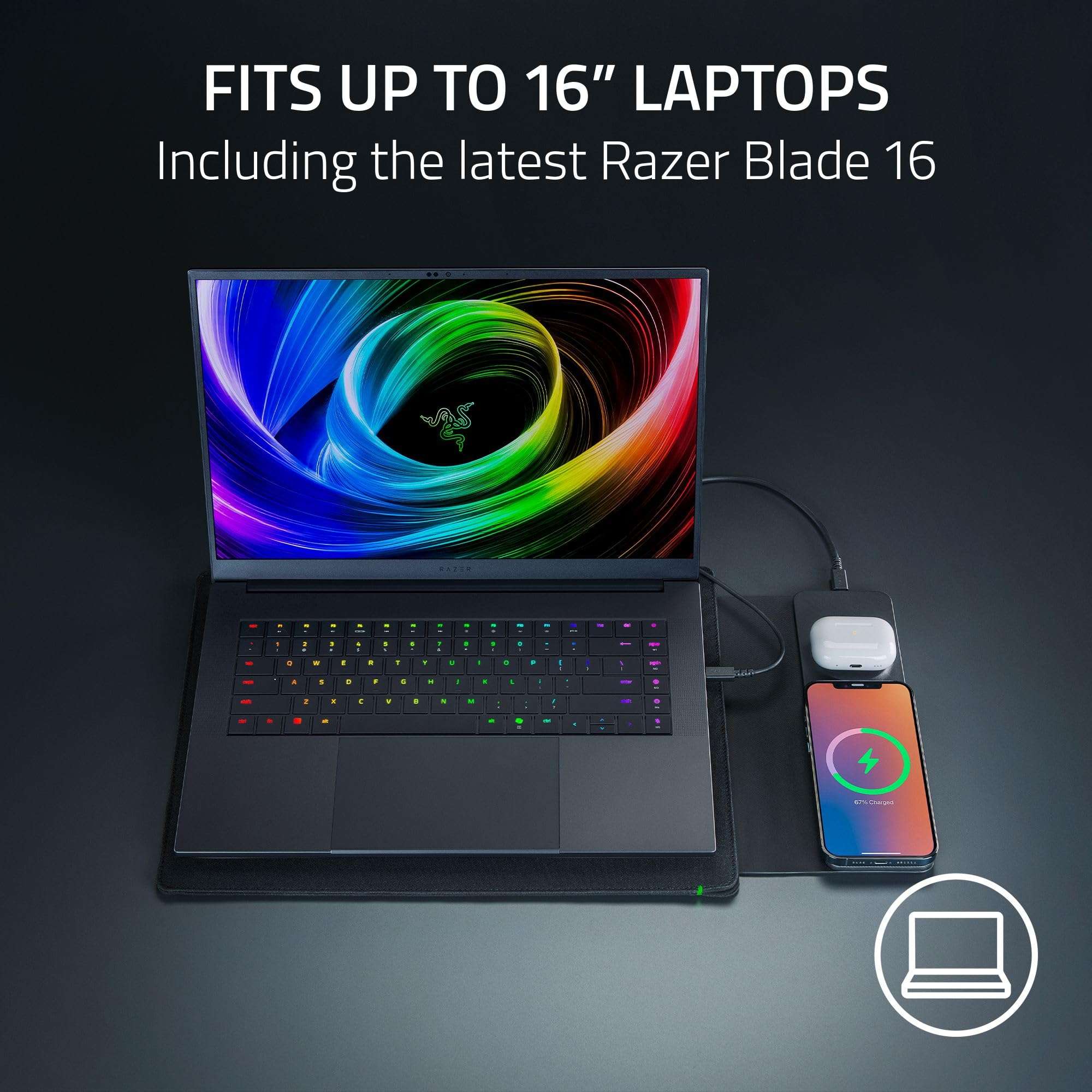Razer 16" Laptop Sleeve with Wireless Charging: Fits Up to 16 Inches Laptops - Durable Polyester Weave - Padded Interior with Reinforced Edges - Fast Charging for 2 Devices & Compatible with MagSafe 5
