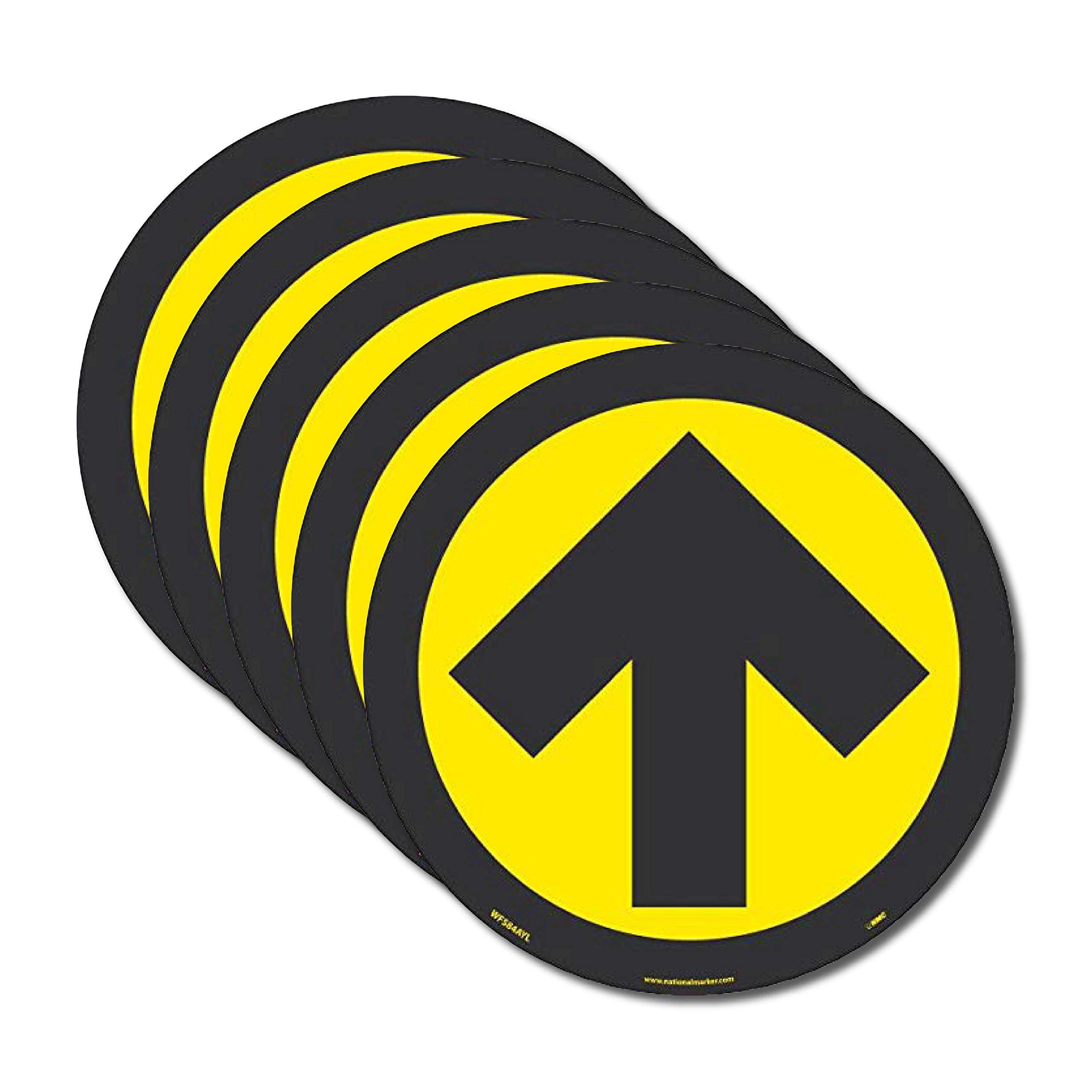 NMC WFS84YL10 Arrow Graphic, Yellow On Black, Walk On Floor Sign, 8 In Diameter,Pressure Sensitive Vinyl Non-Slip, Pack Of 10, Social Distancing 1