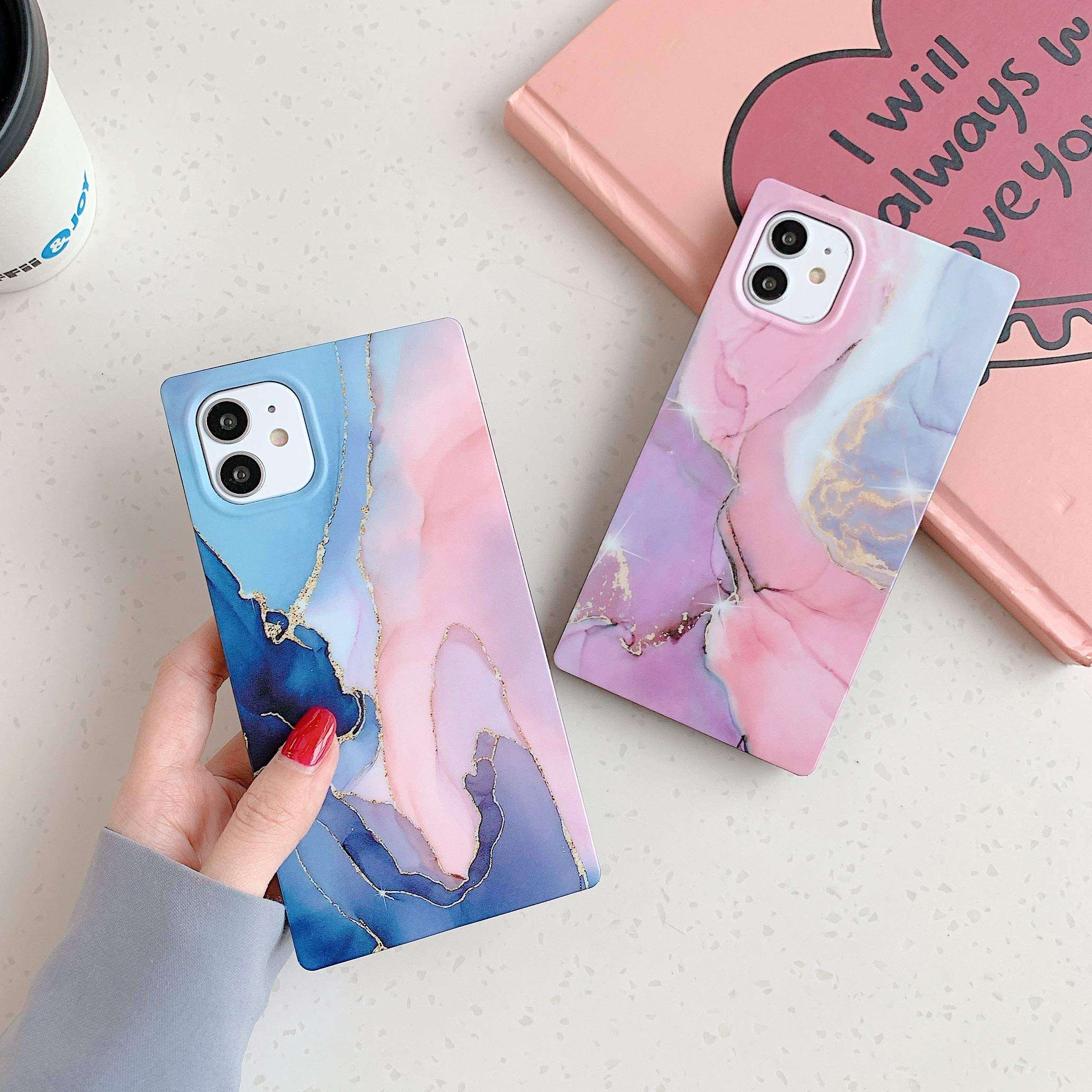 YTanazing Square for iPhone 11 Marble Case for Women,Blue Pink Marble Pattern Soft TPU Slim Matte Case Protective Cute Case Blue Cover Design for iPhone 11-6.1 inch 2