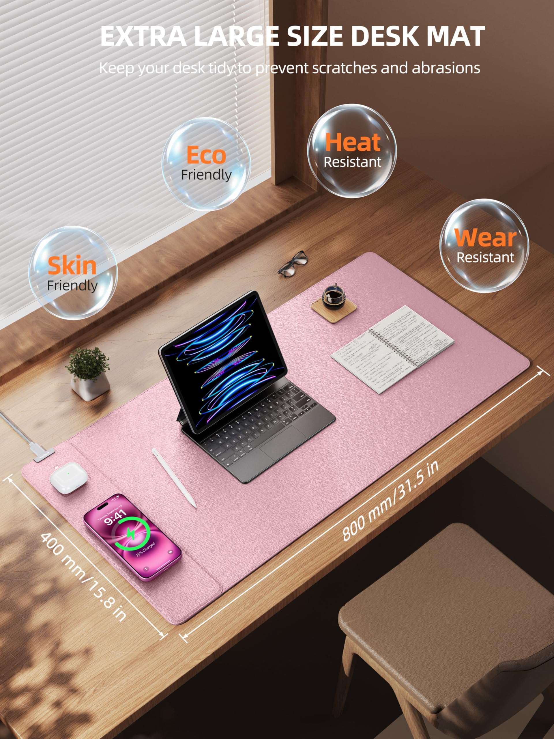 TopMade Mouse Pad with 15W Wireless Charging, XXL Large Leather Desk Mat, Waterproof Gaming Mousepad Home Office Desk Pad Protector, Pink (Includes 20W PD Power Adapter & 6.56ft Woven Cable) 4