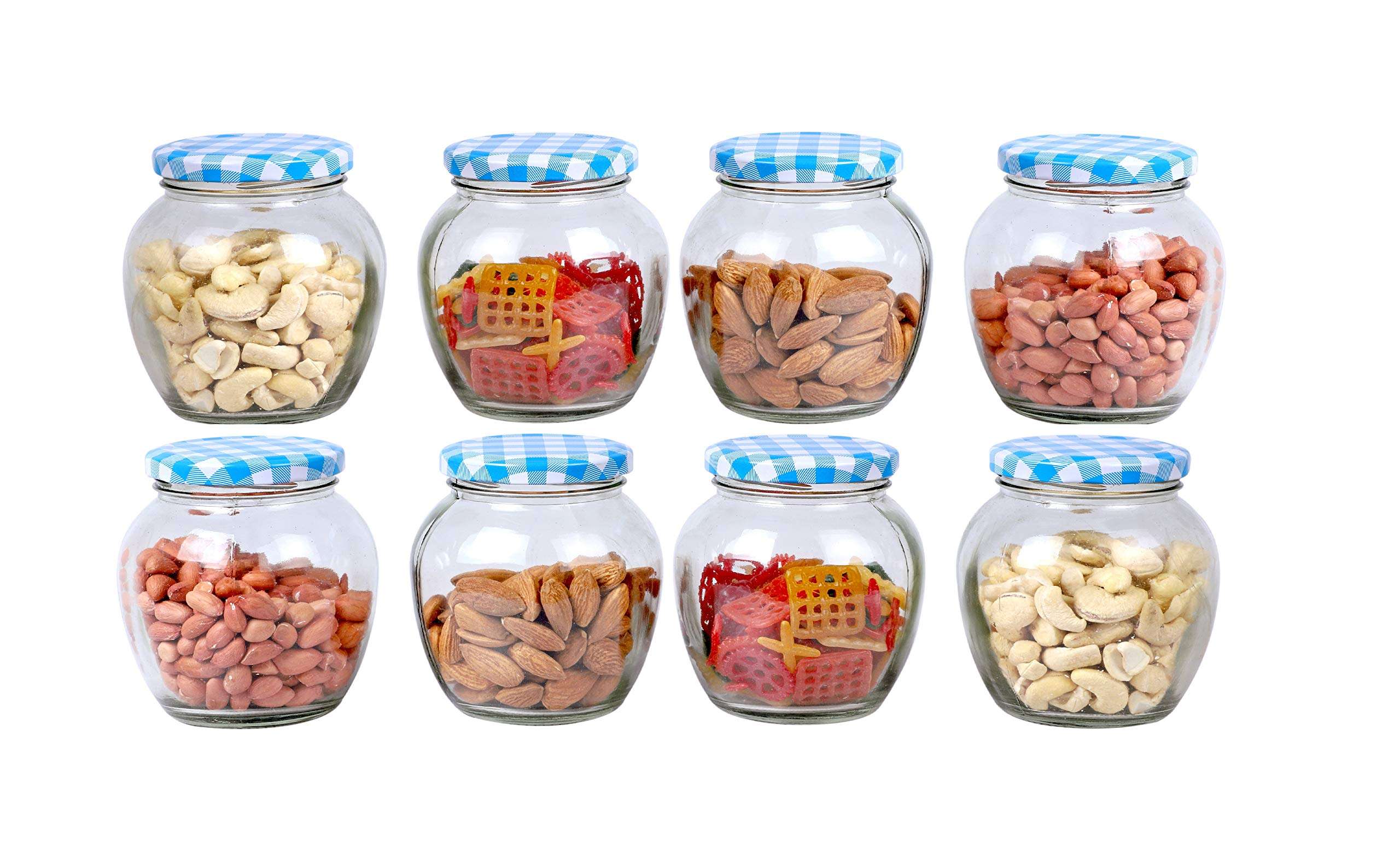 Glass Jars and Containers of Various Jars Shape with Air Tight Lid(Blue Checks lid) (350 ml) (4) 5