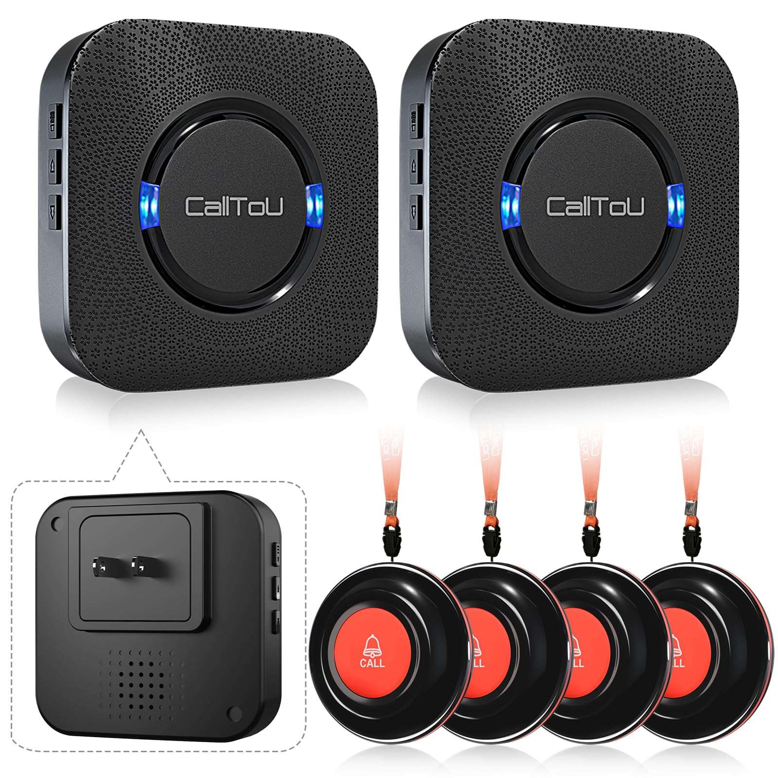 CallToU Caregiver Call Button Wireless Call Bell Alert Button for Seniors/Patients Call Light System for Elderly Home 2 Plugin Receiver 4 Waterproof Transmitter 1