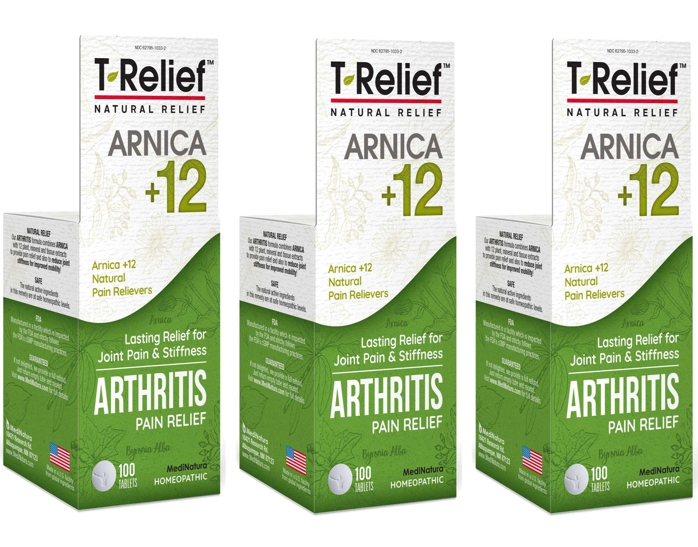 T-Relief Extra Strength Arthritis Pain Reliever Arnica +12 Natural Medicines for Joint Soreness Stiffness Aches, Quick Dissolving Pain Relief for Women & Men - 100 Tablets (Pack of 3) 1