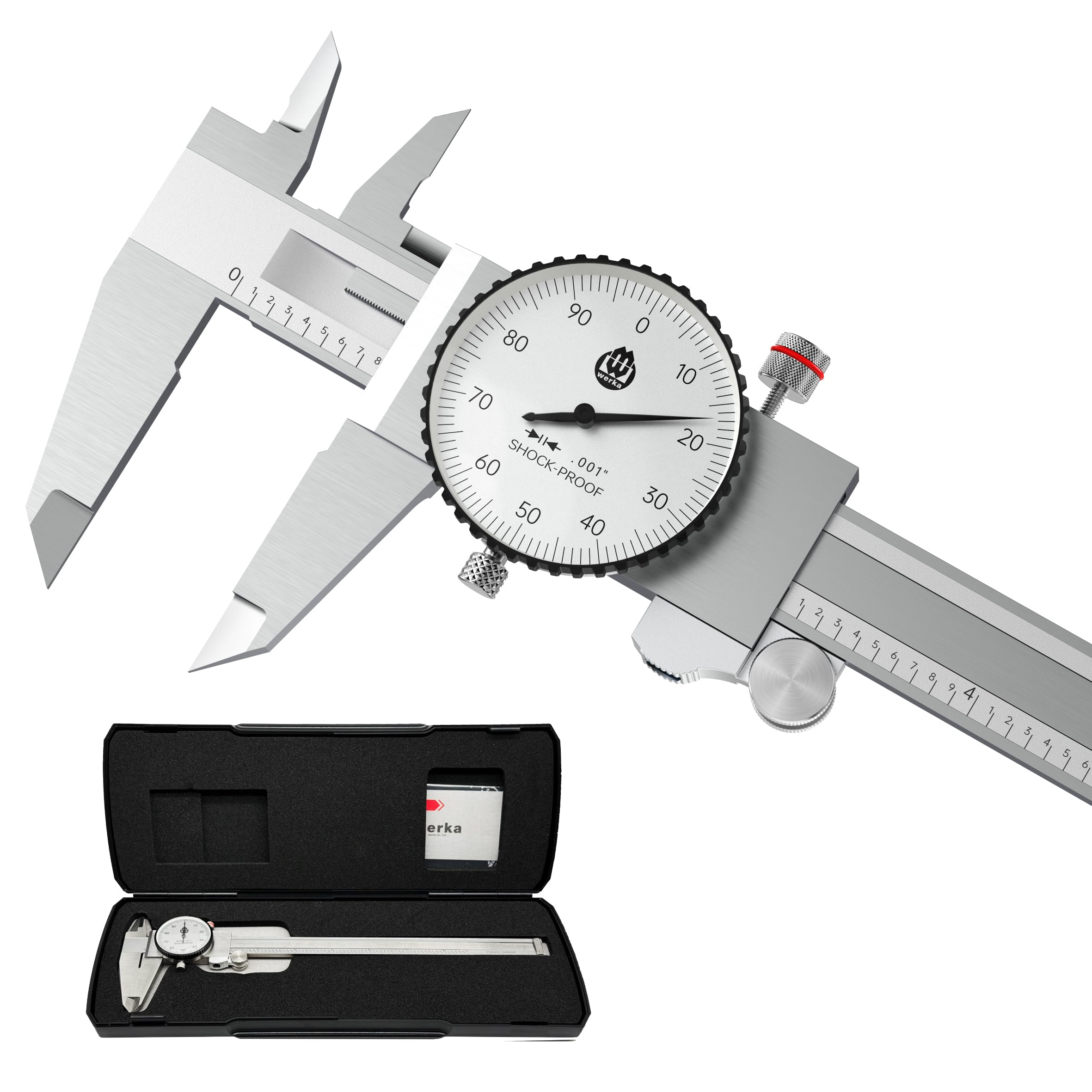 werka Dial Caliper 8 Inch, Shockproof Dial Caliper Measuring Tool with 0.001" Precision Micrometer Caliper with Custom Case, 4-Way Measurement, Stainless Steel