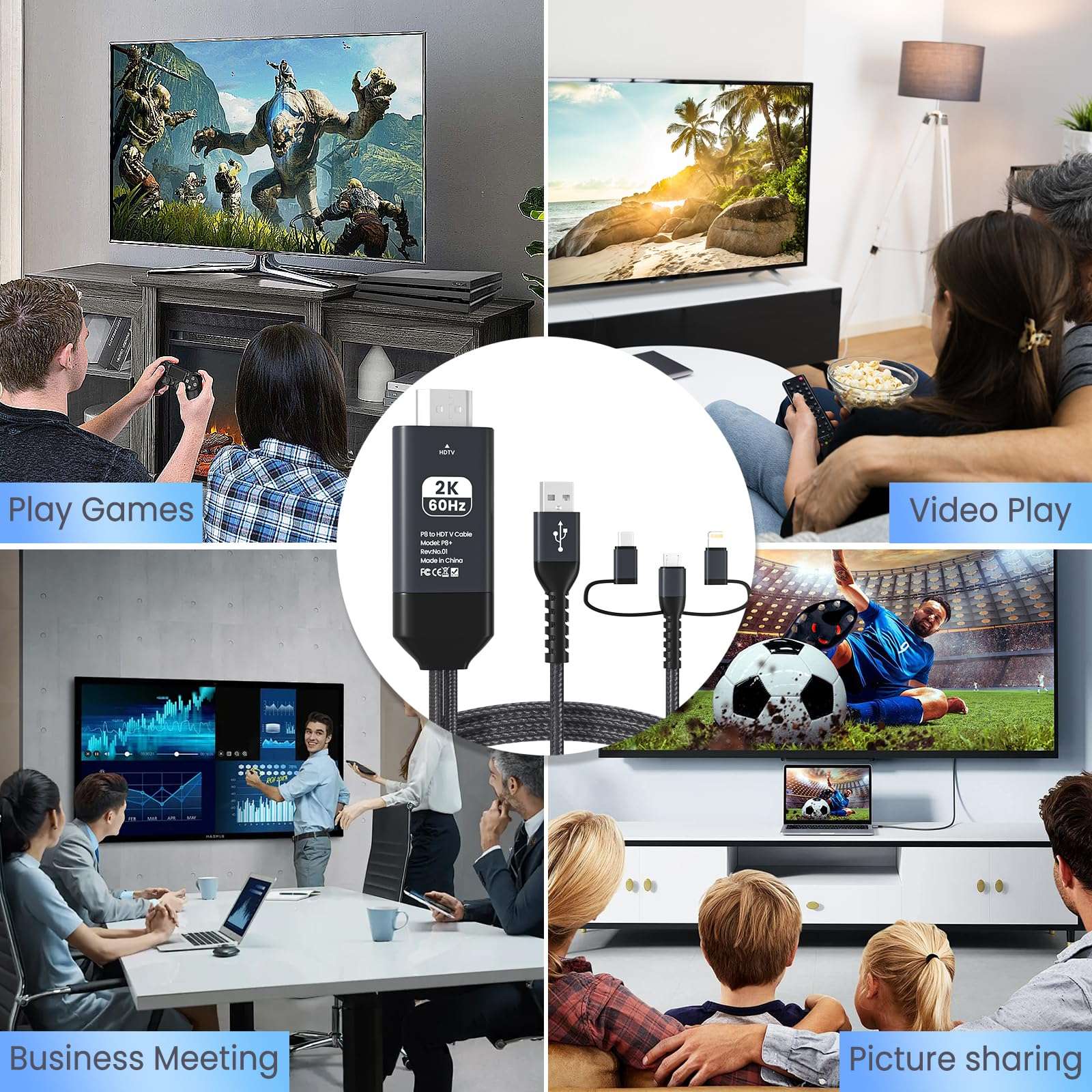 Ozvavzk HDMI Adapter for TV Phone to TV 1080P Digital AV Adapter 3 in 1 Sync Screen Connector Cable Compatible for Lighting USB C Micro USB to HDTV Projector Monitor 5