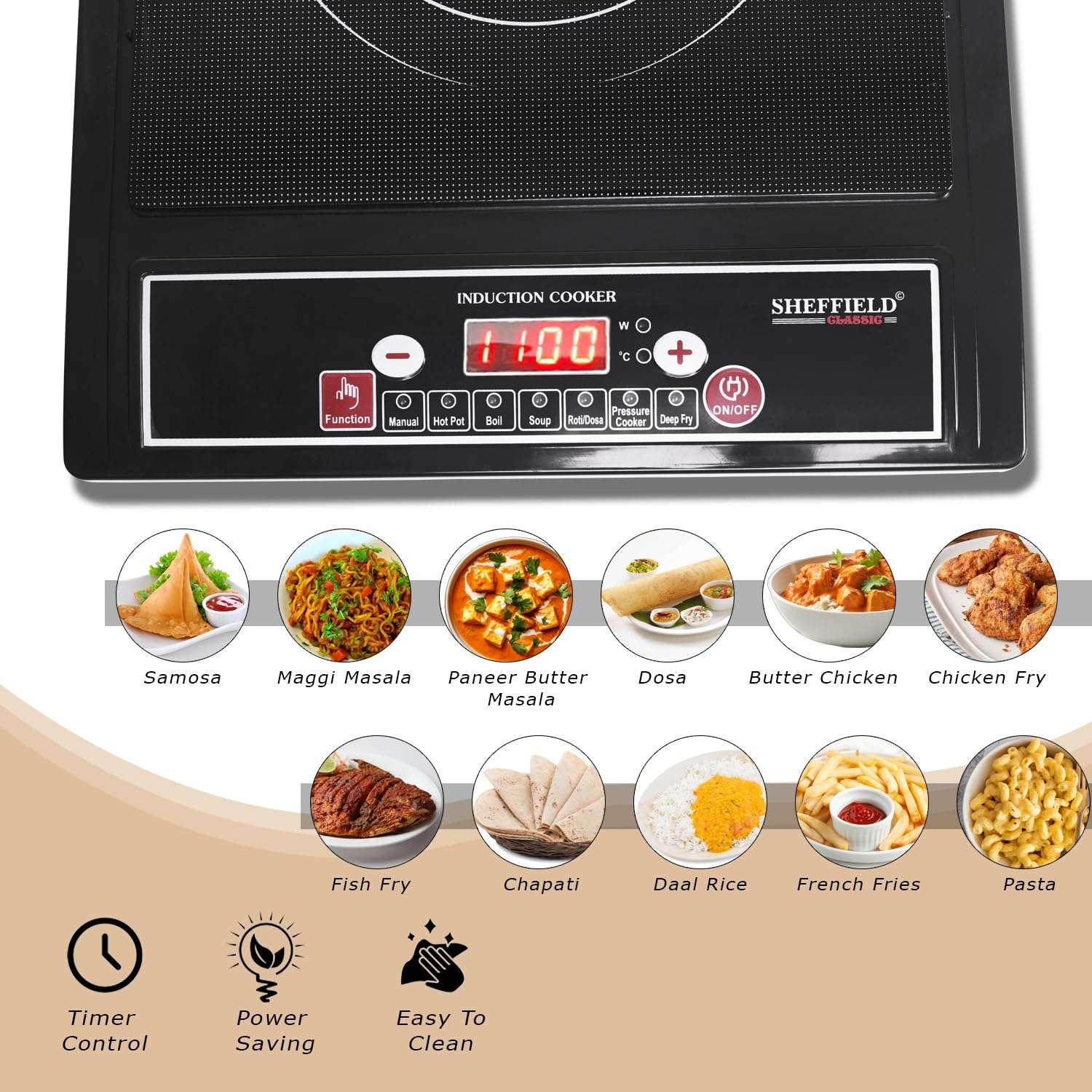 Sheffield Classic 1400W Portable Induction Cooktop | Soft Push Buttons, 7 Preset Modes, Easy Touch Control | Auto Shut‑Off, Fast Heating & Energy‑Efficient Electric Stove – Black 5