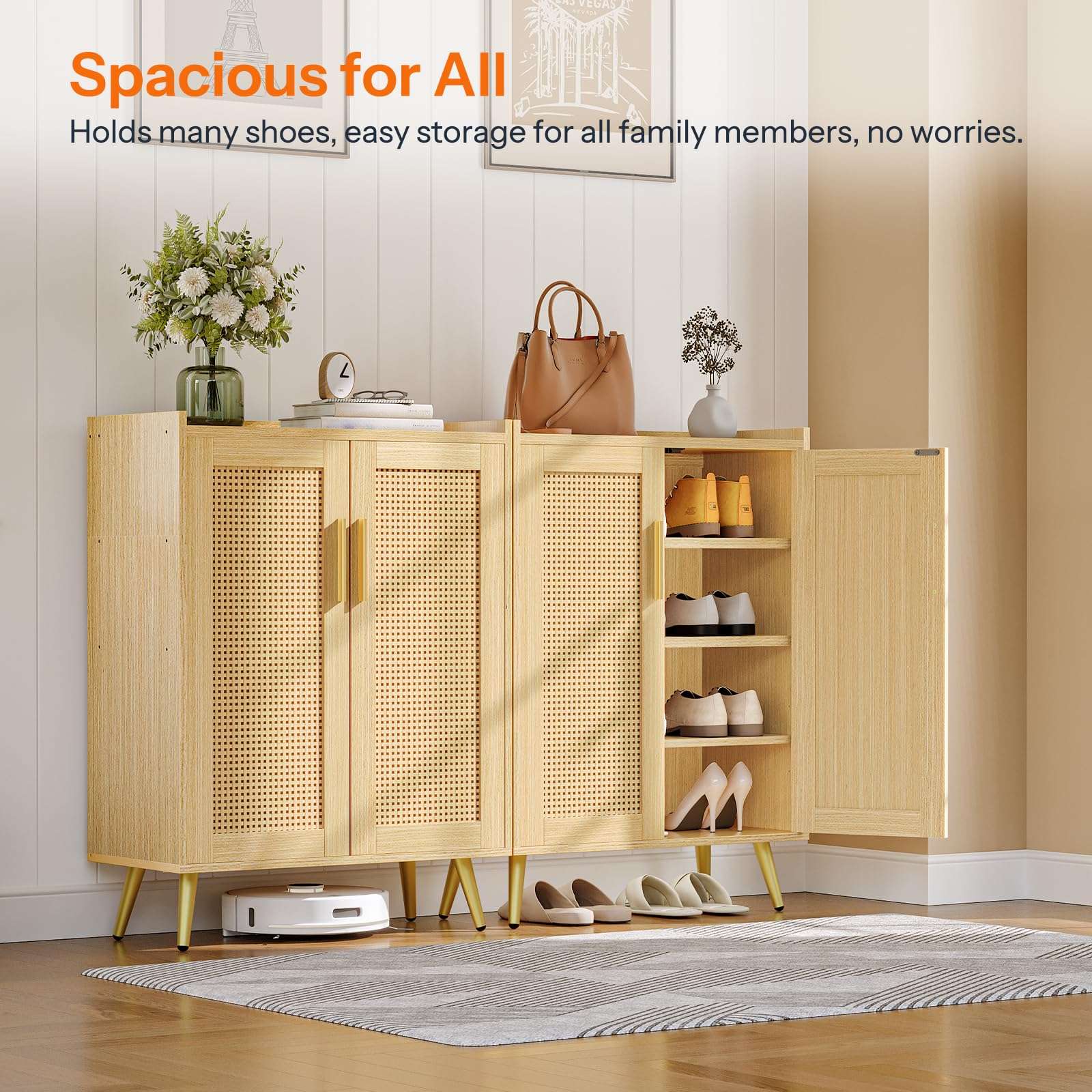 HOOBRO Shoe Cabinet, 5-Tier Shoe Storage Cabinet, Rattan Shoe Cabinet with Doors, 37.8" Tall Shoes Rack Organizer Cabinet for Entryway Hallway Front Door, Adjustable Shelf, Natural NL18SC01 3