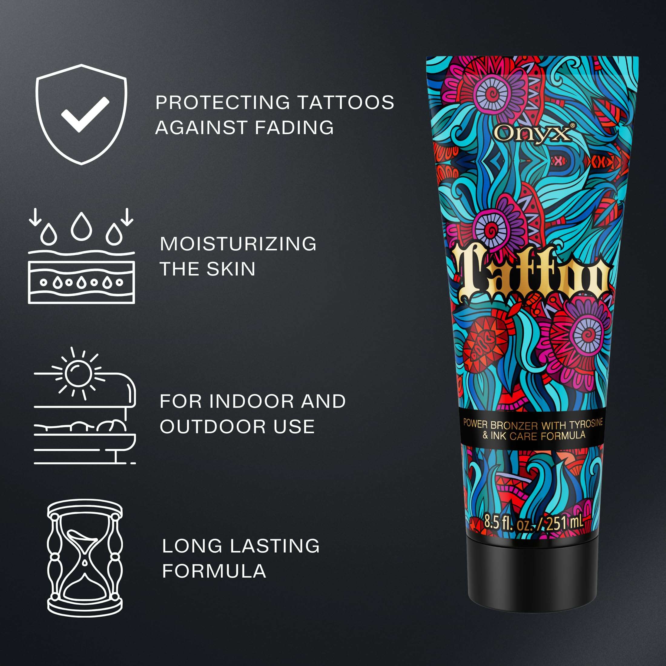 Onyx Tattoo Tanning Bed Lotion | Fade Protection | Color Enhancer | Indoor, Outdoor Tanning Accelerator | Tattoo Vibrancy & Smooth Skin | For Men, Women | Hydrating Lotion | Face & Body (8.5 fl oz) 3