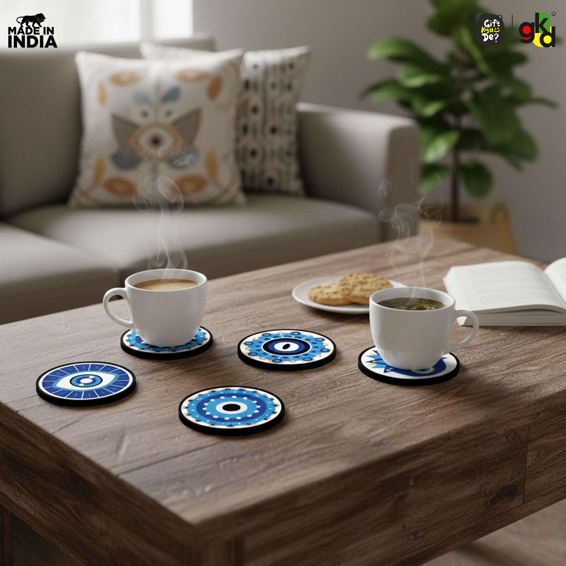 GKD Coaster Set of 6 Beautiful Wooden Evil Eye Theme Design Coasters with Proper Coaster Stand | Designer Coaster Set fit for Tea Cups, Coffee Mugs and Glasses | 6 pc Round 3.5 x 3.5 inch (Evil Eye) 4