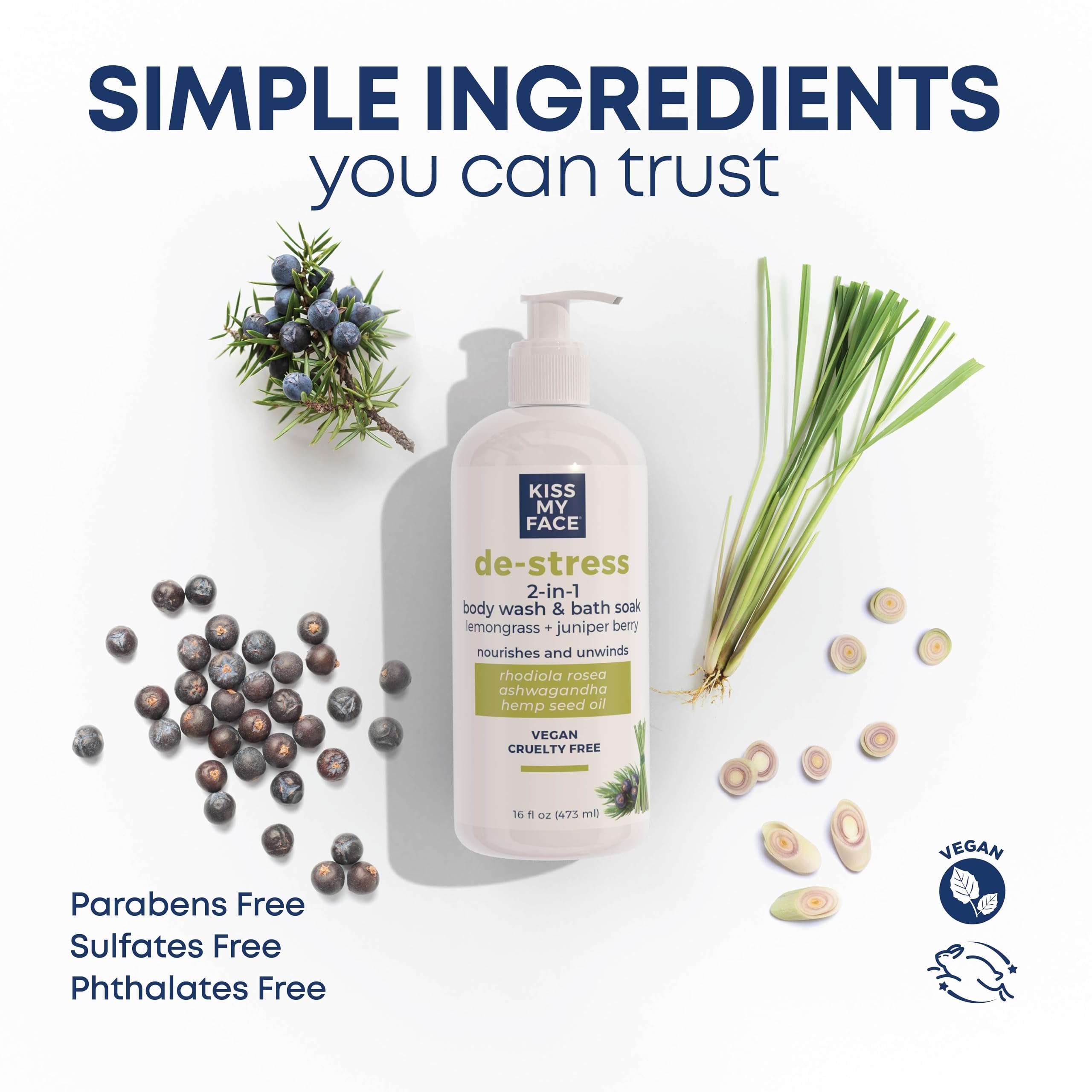 Kiss My Face De-Stress 2-in-1 Body Wash & Bath Soak - Lemongrass + Juniper Berry - Botanical Blend - Vegan and Cruelty Free - With added Rhodiola Rosea, Hemp Seed Oil and Ashwagandha - 16 fl oz Bottle 3