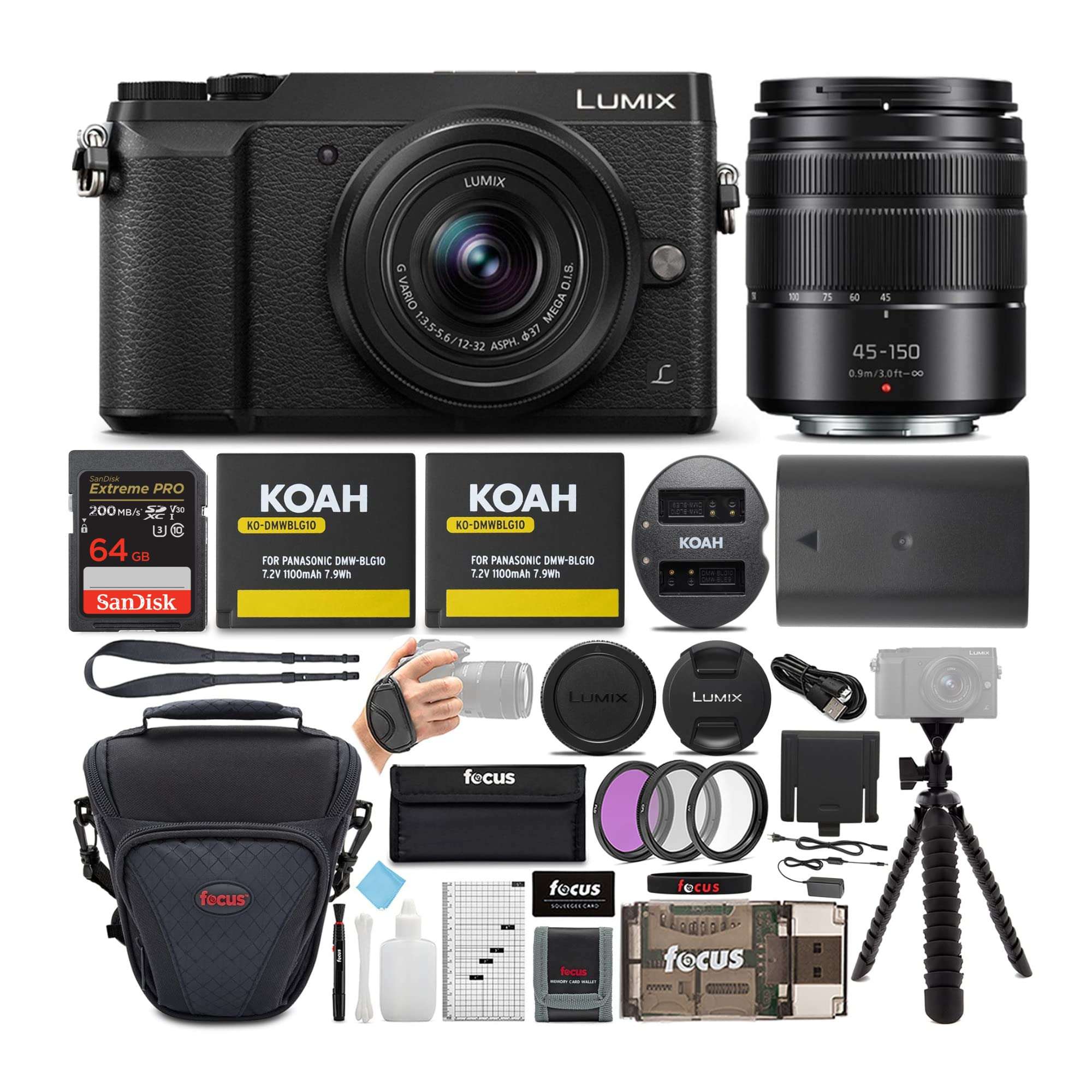 Panasonic LUMIX GX85 Mirrorless Camera (Black) Bundle with 12-32mm and 45-150mm Lenses, 64GB SD Card, and Accessory (6 Items) 1