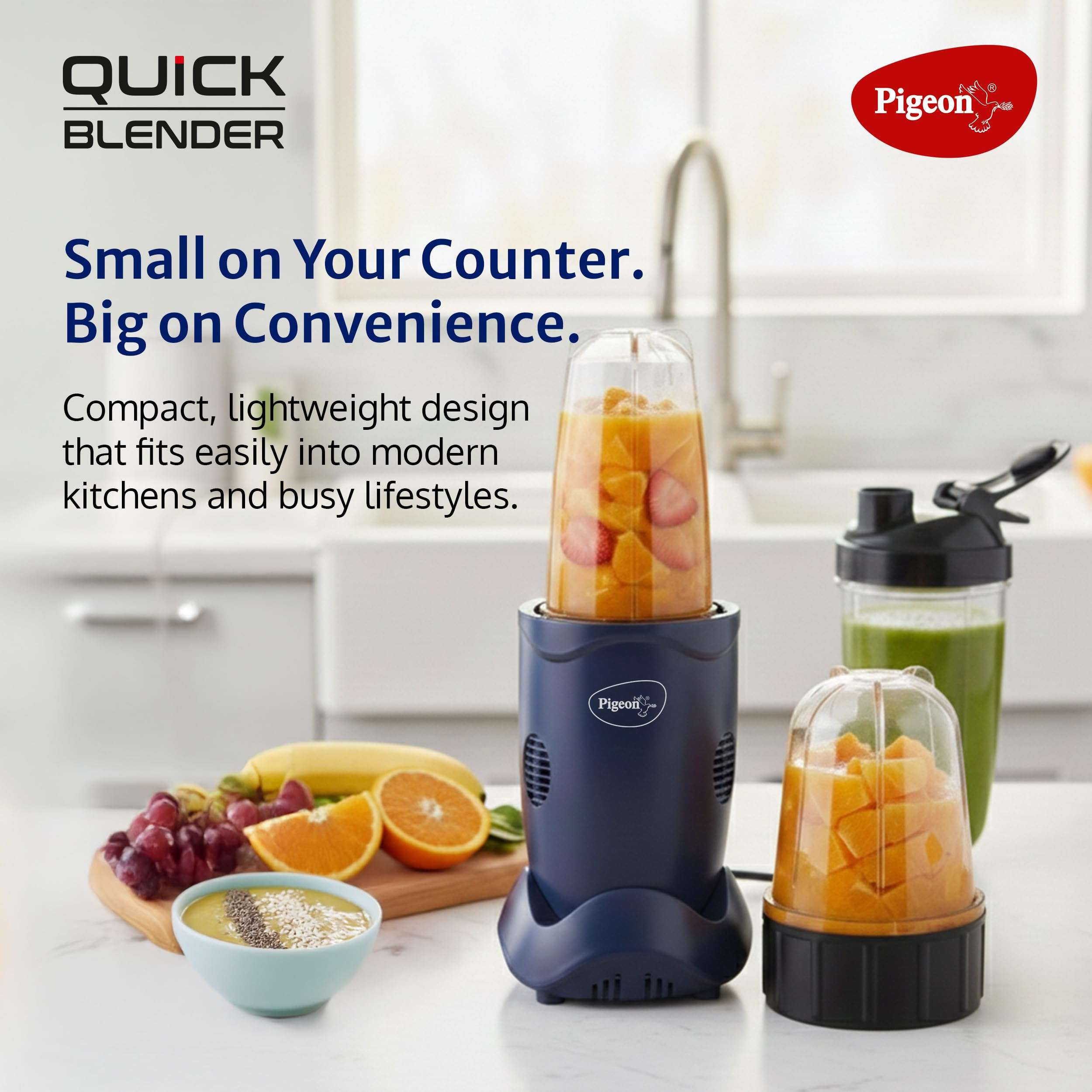 Pigeon By Stovekraft Quick Blend | Grinder Juicer Blender Smoothie Maker All-in-1 Machine | 400 Watt | 3 Jars 500ml,Dry Grind 300ml,1 Sipper, 1 Strainer lid, 2 Cap |2 Blades|1 Year Warranty 3
