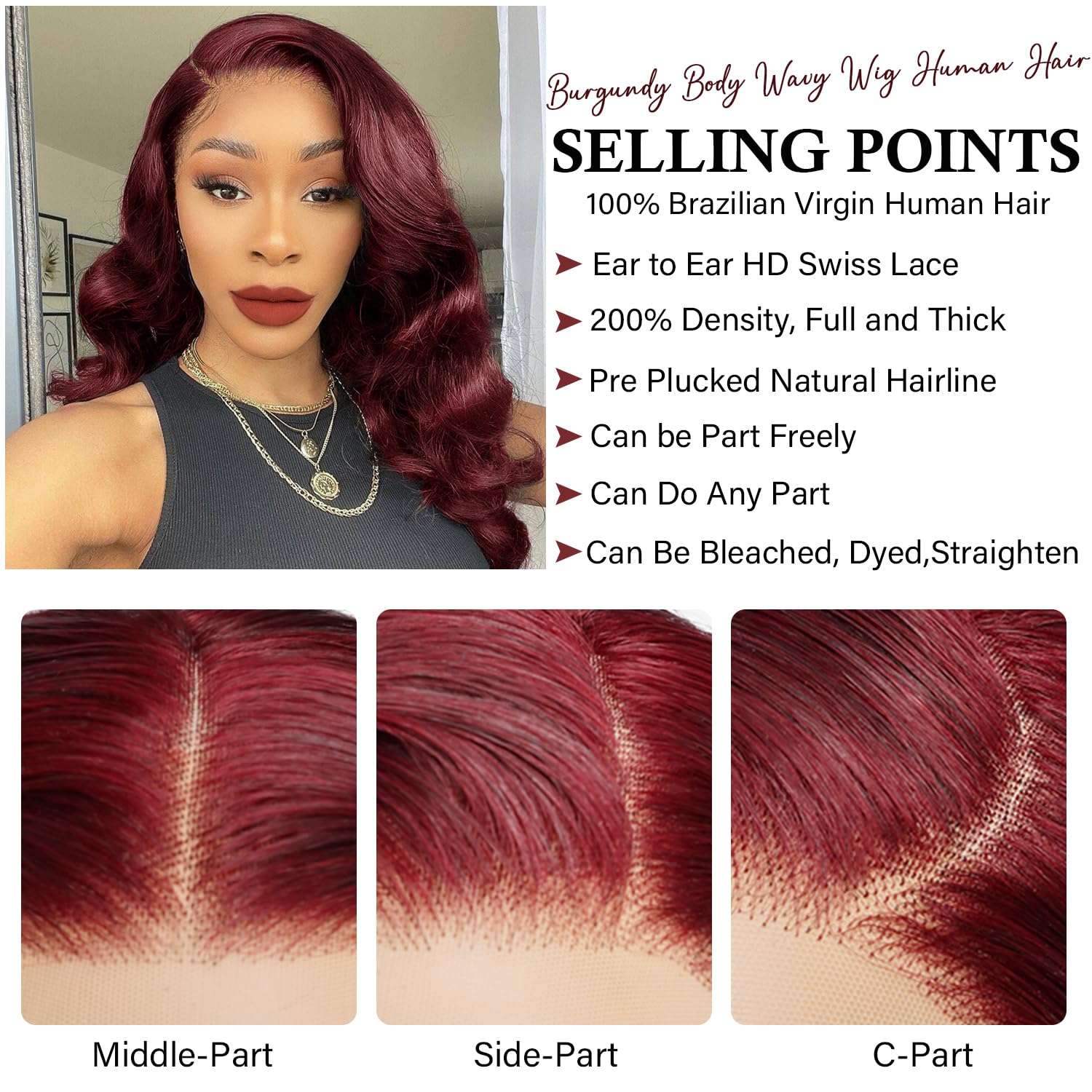 Gemlong 24 Inch 99J Burgundy Lace Front Wigs Human Hair Body Wave 13x4 HD Transparent Pre Plucked Glueless Lace Frontal Wig Human Hair 200% Density Red Wine Colored Human Hair Wigs for Women 3