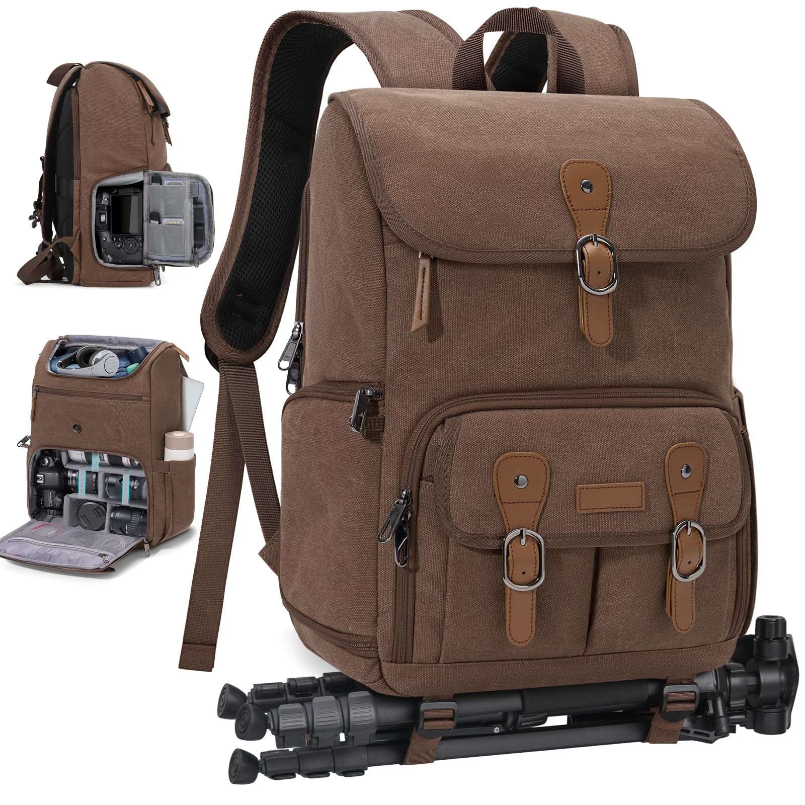 RAINSMORE Camera Bag Backpack for DSLR/SLR Mirrorless 15.6 Inch Laptop Camera Back Pack for Photographers Anti-Theft Photography Bags Case with Tripod Holder & Rain Cover, Coffee 1