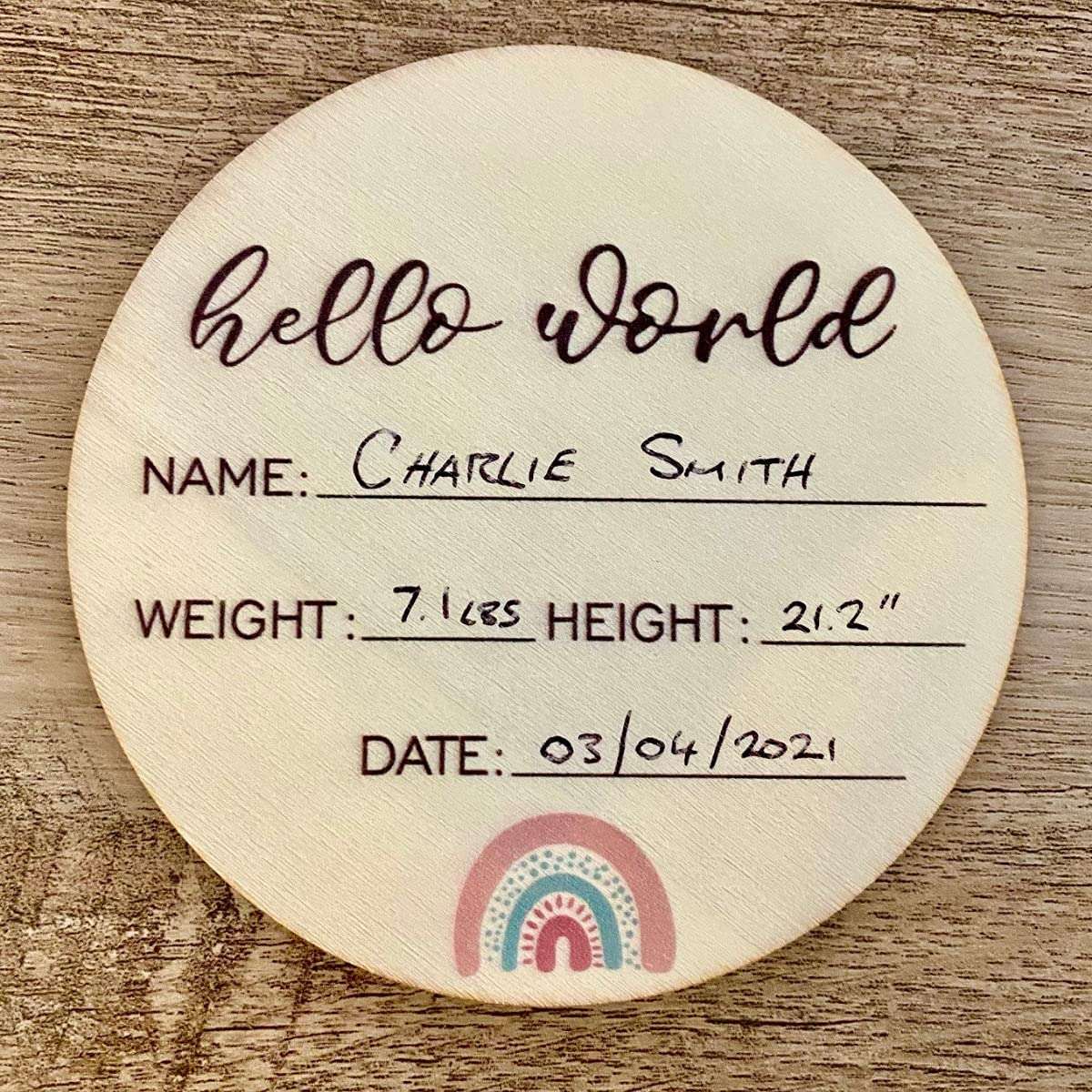 Baby Announcement Sign - Premium Wooden Rainbow Design Discs - Celebrate The Arrival of Your Baby - Record Birth Details on This Round Wooden Announcement Plaque - Built to Last and Treasure Forever 6