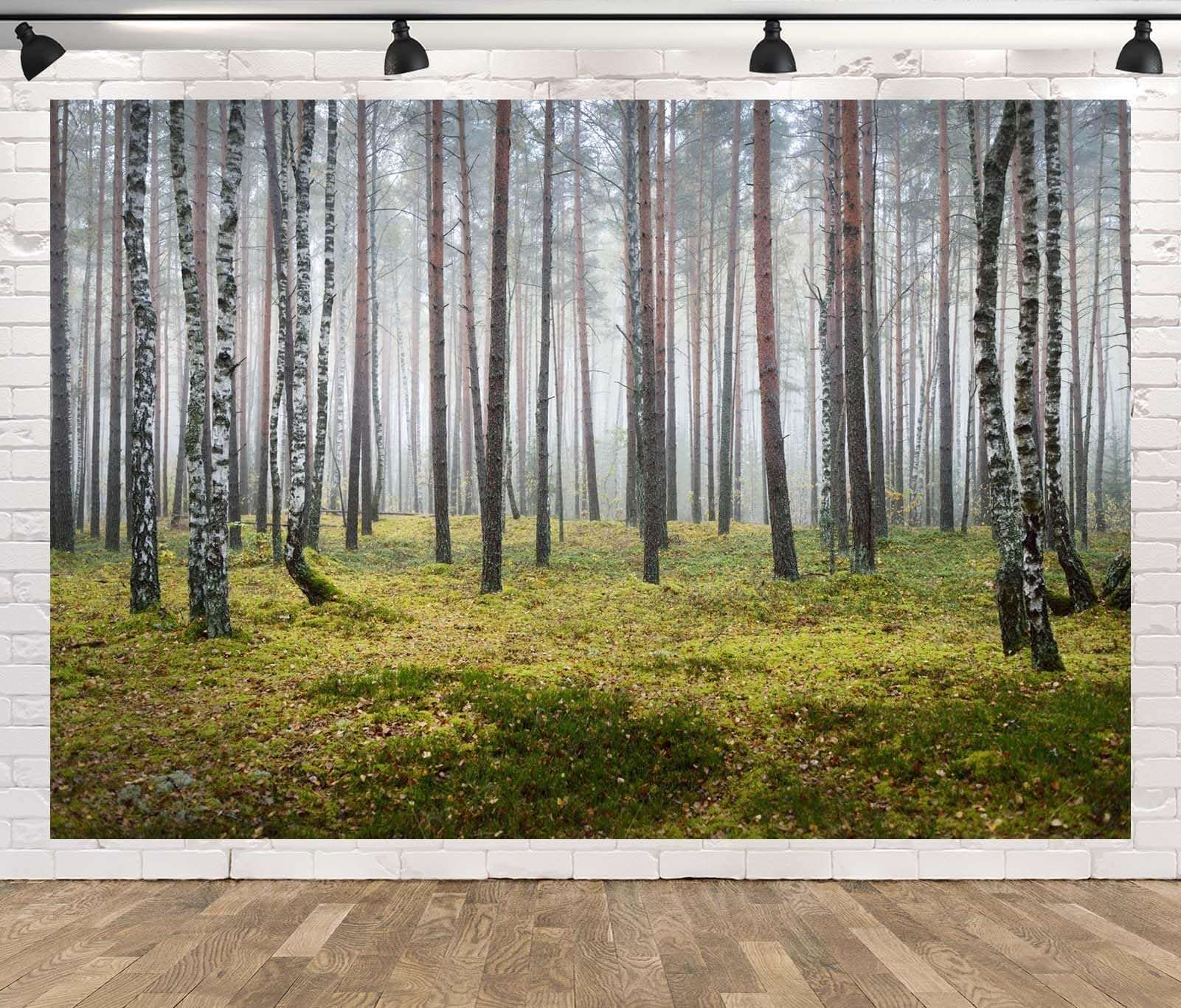 CORFOTO Foggy Forest White Birch Trees Backdrop Fabric 17x10ft Dark Spooky Grass Autumn Nature Scene Background for Fall Scenery Birthday Party Decorations Halloween Themed Photoshoot Props 1