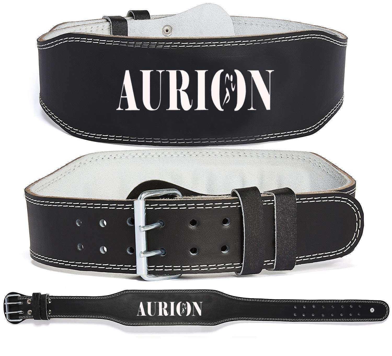 Aurion 4inch Waist Belt Genuine Leather Exercise Weight Lifting Belt For Gym | Deadlift Belt With Buckle | Squat Belt | Man Woman Training Belt | Power Lift Belt | Back Belt For Workout (Large, Black) 1