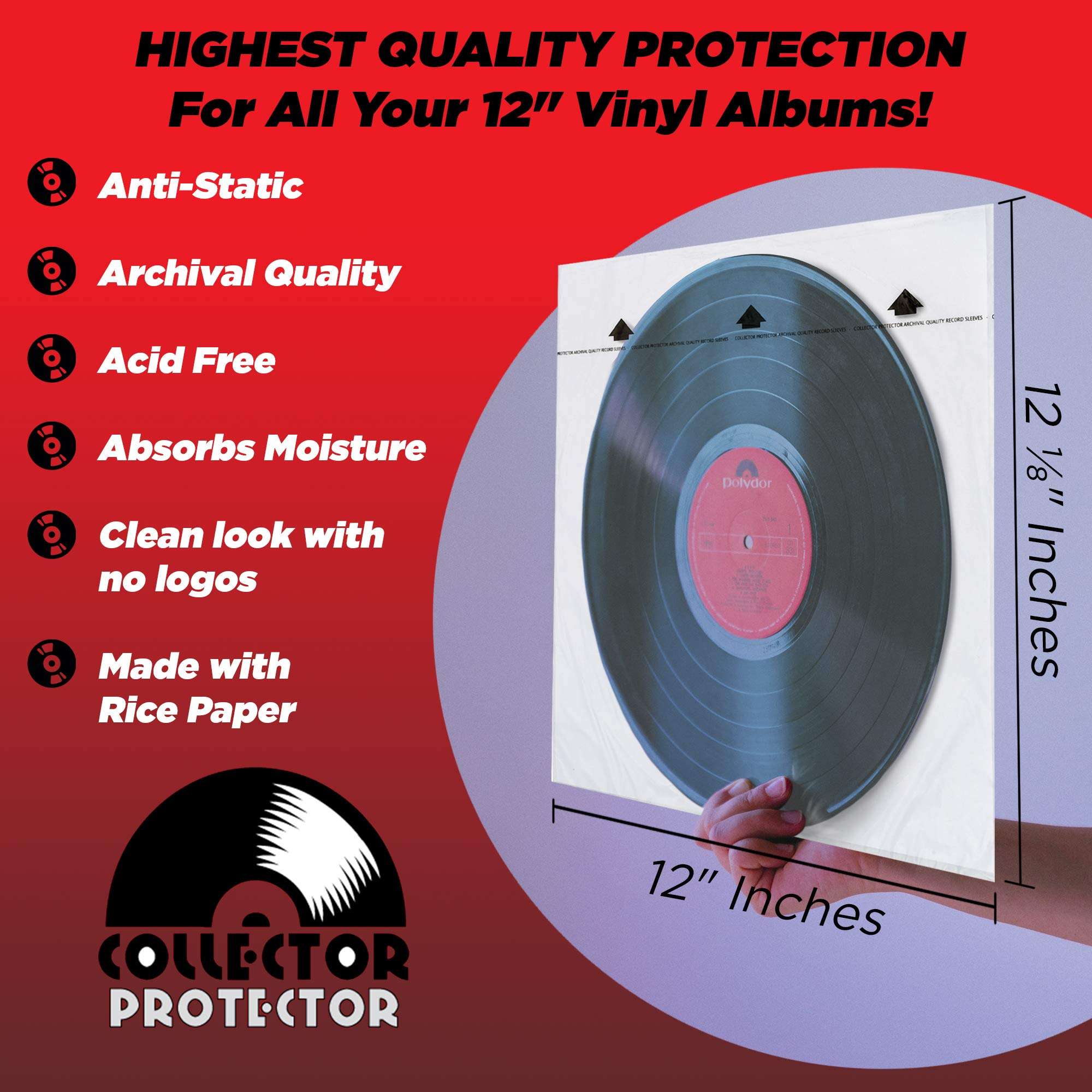 Collector Protector Sleeves for Vinyl Record Storage | Anti Static Record Sleeves with Archival Paper Protection from Dust & Scratches | 50-Pack Inner Protective Sleeves for 12” Albums 2