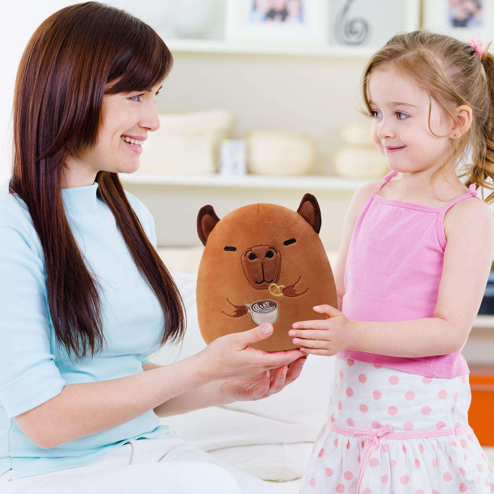 NIUBEHOHO Capybara Plush Coffee Lover's Gift - Capybara Stuffed Animal Pillow for Kids, Mother's Gift with Free Mesh Bag Greeting Card 4