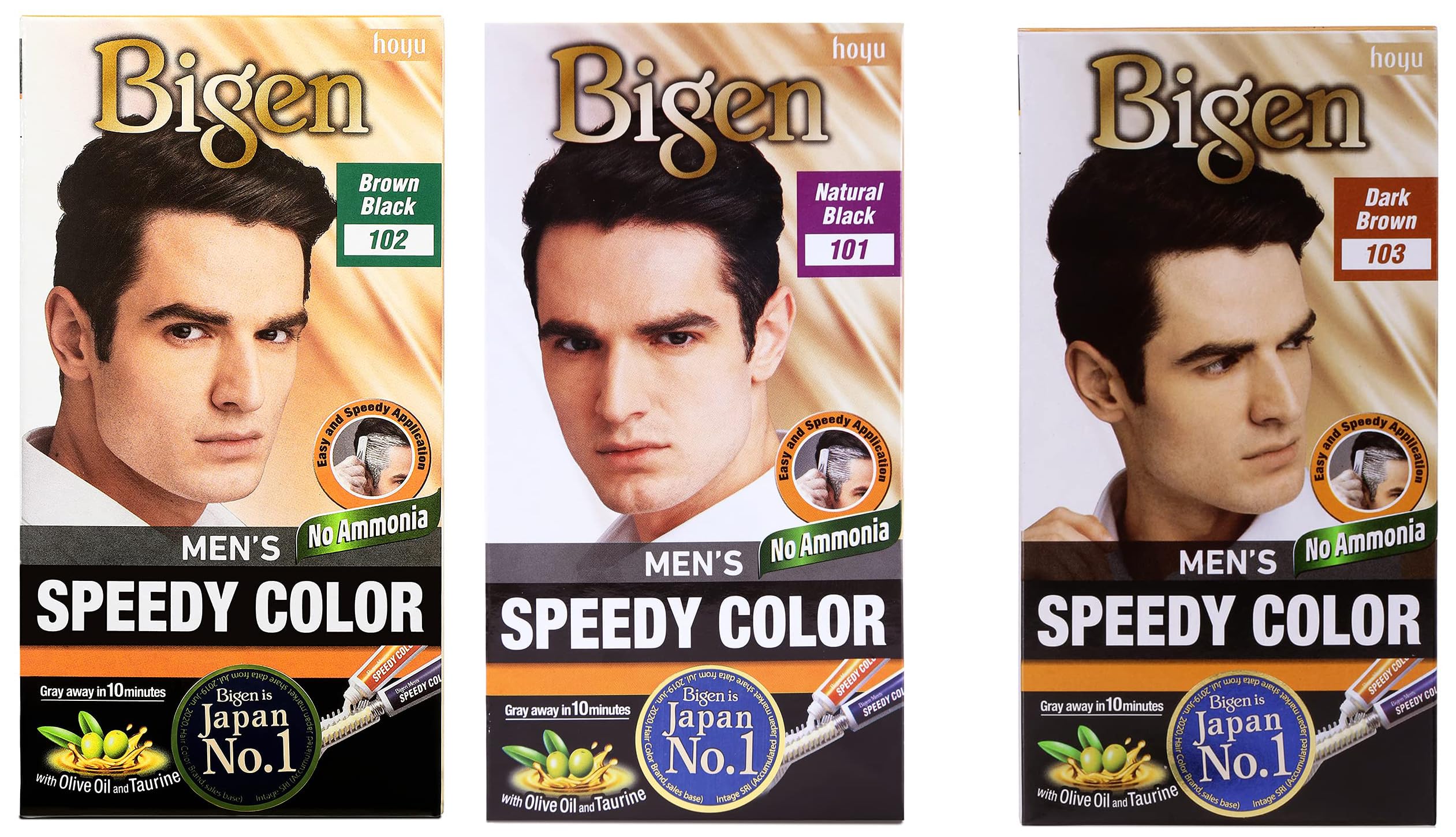 Bigen Men's Speedy Color Hair Color, 80g - Natural Black 101 & Men's Speedy Color Hair Color, 80g - Brown Black 102 (Pack Of 1) & Men's Speedy Color Hair Color, 80g - Dark Brown 103