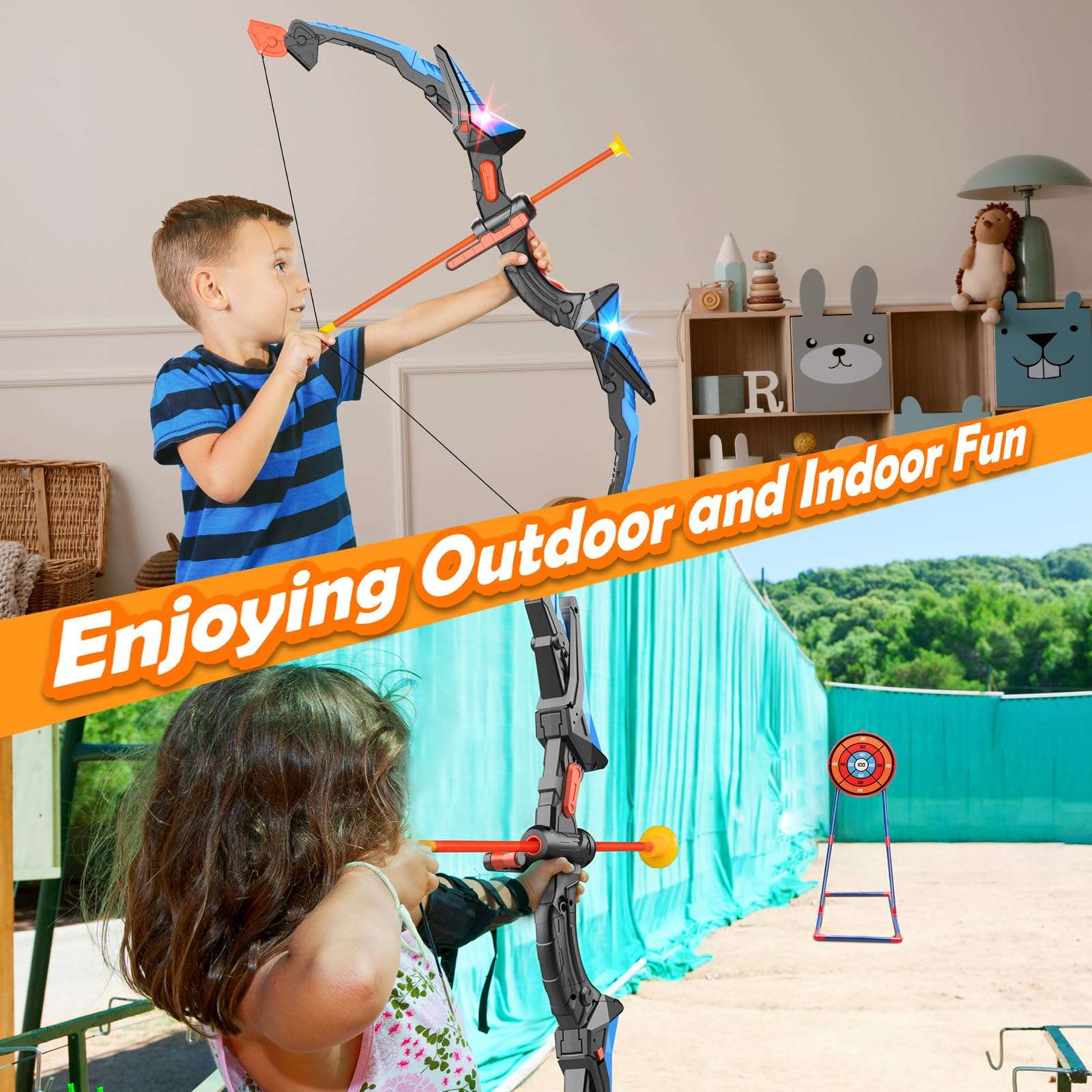 TiQtoy 2 Pack Bow and Arrow for Kids, Bow and Arrow Set Toys for 5 6 7 8 9 10 11 12 13 14 Year Old Kids Boys Girl, LED Light Up Archery Set, Kids Indoor Outdoor Games Toys, Birthday Gifts 5