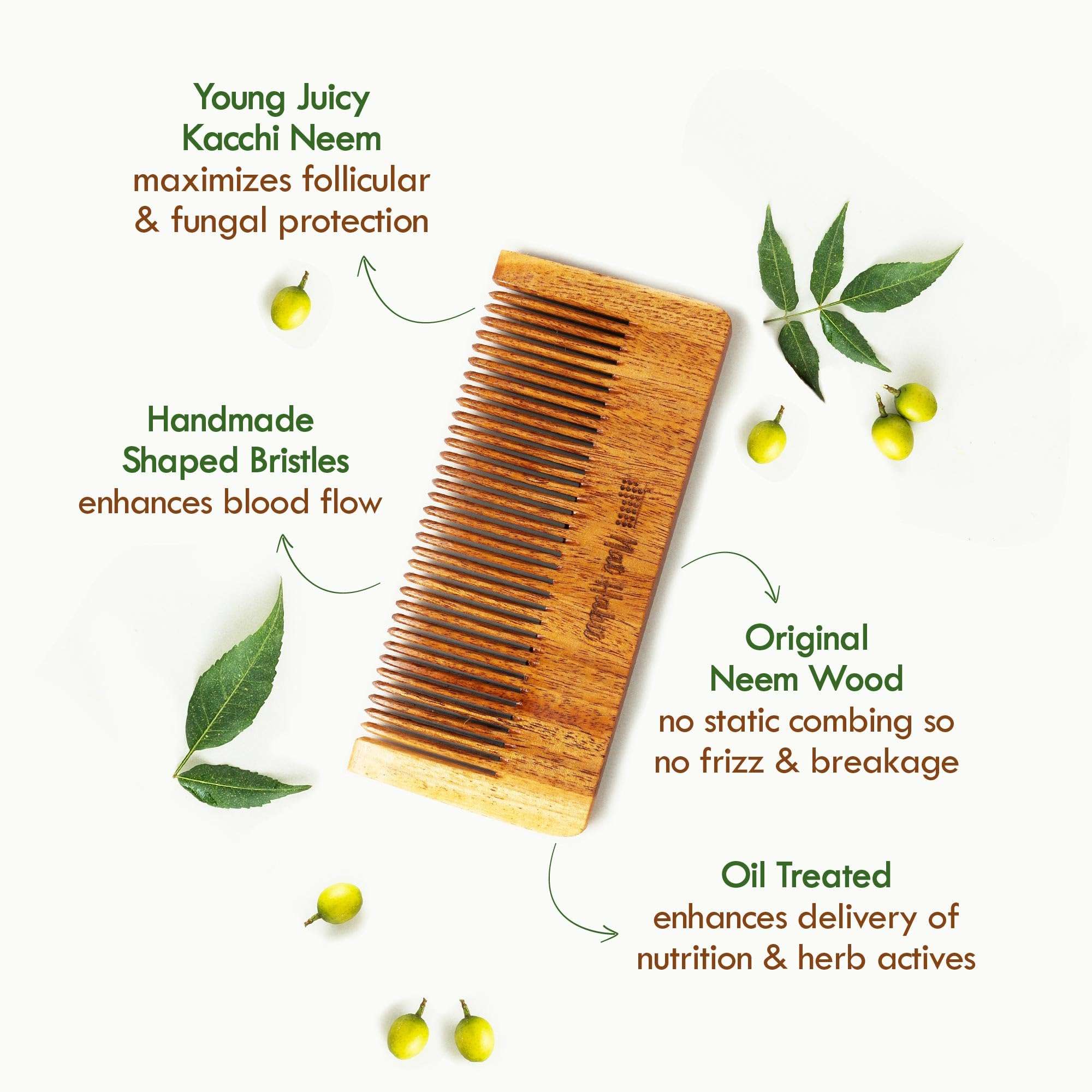 Nat Habit Kacchi Neem Wooden Comb, Soaked In 13 Herbs, Neem & Sesame Oil For Men & Women Daily Styling & Detangling (Fine Tooth Small Size) Pack of 1 4