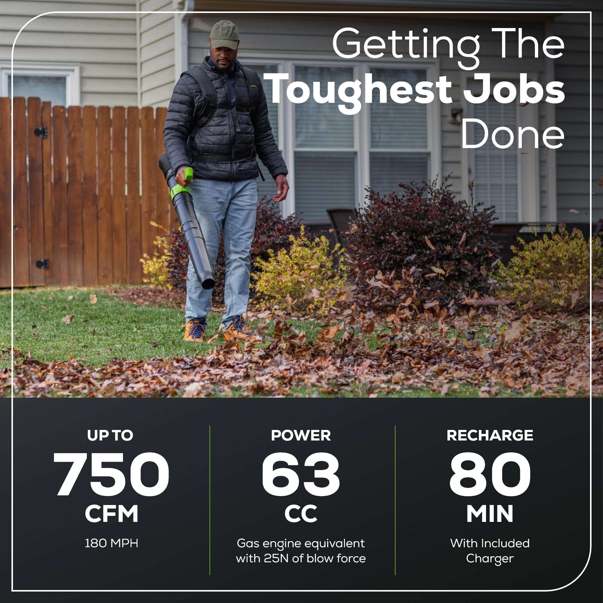 Greenworks 80V Backpack Leaf Blower - 750 CFM/180 MPH Brushless Motor, 8Ah Battery & 6A Fast Charger, Turbo Boost, 60-Min Runtime for Heavy-Duty Yard Cleanup 4