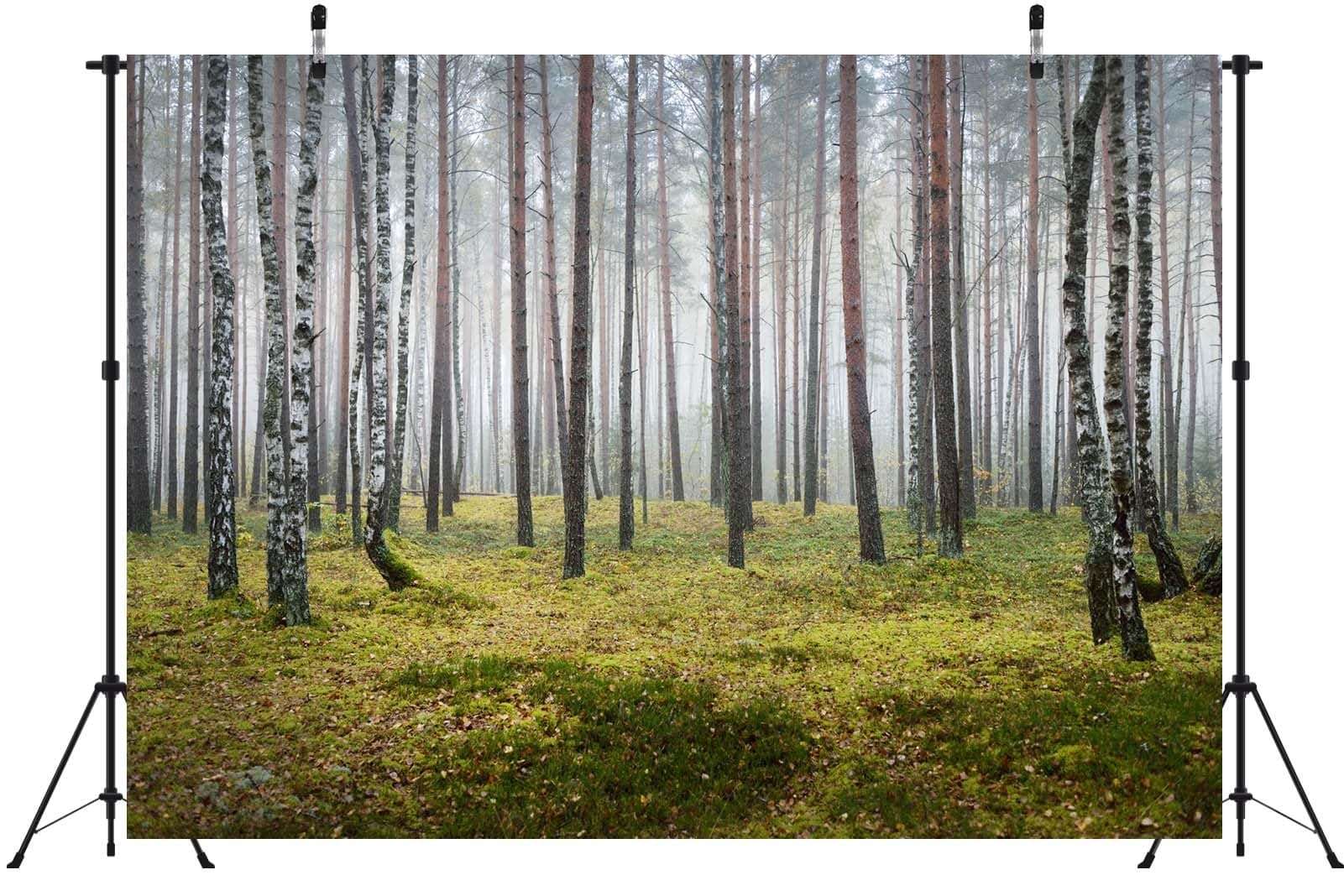 CORFOTO Foggy Forest White Birch Trees Backdrop Fabric 17x10ft Dark Spooky Grass Autumn Nature Scene Background for Fall Scenery Birthday Party Decorations Halloween Themed Photoshoot Props 5