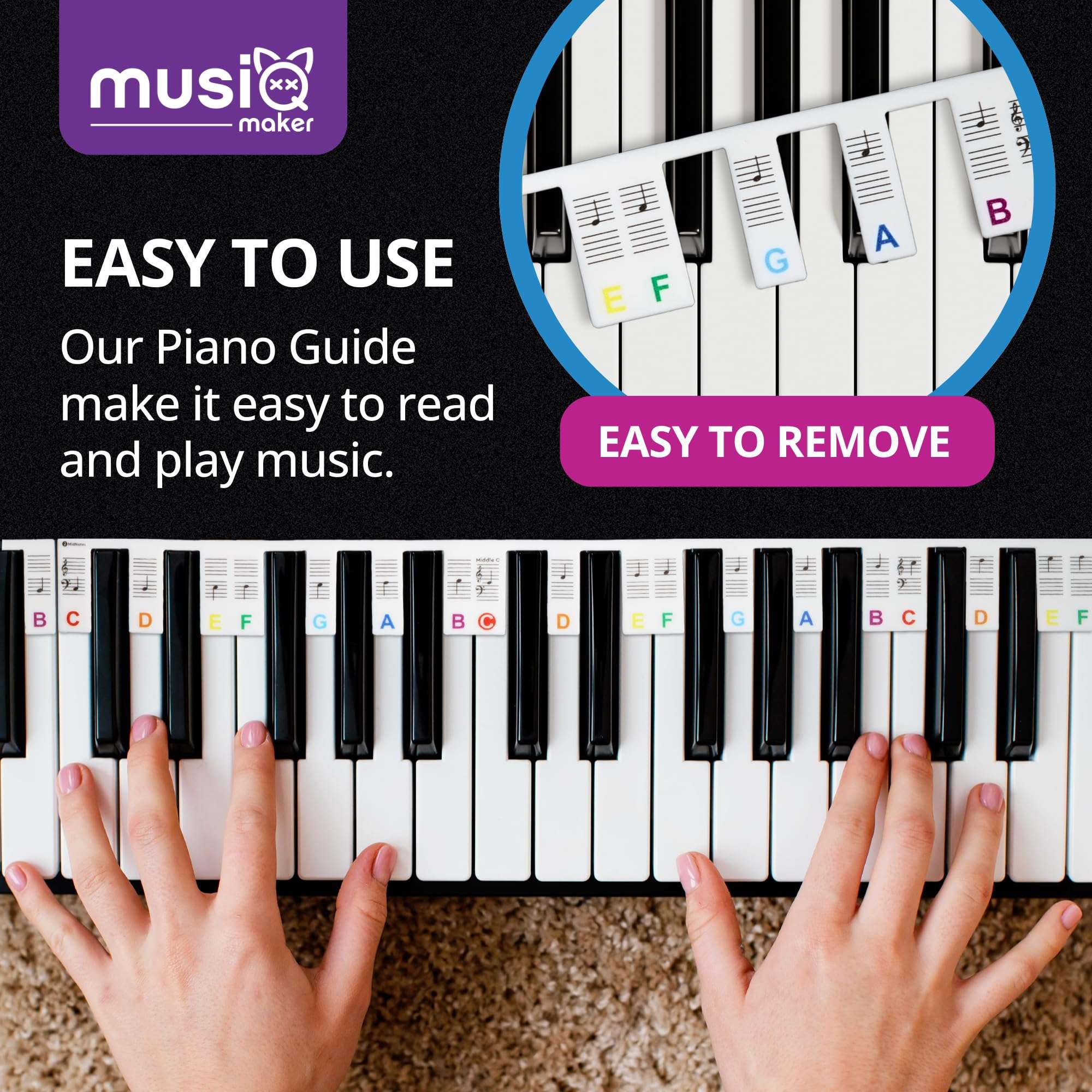 MUSIQ MAKER'S Removable Piano Keyboard Note Labels for Learning, Piano Notes and Keys Guide for 88 and 61 Keyboards. Say Goodbye to Piano Keyboard Stickers. 3