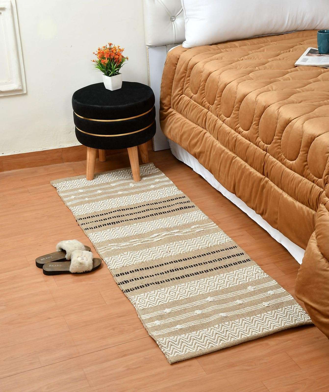 Ultica Fab® Handmade Sustainable Cotton 2 x 5 Feet Floor Rugs Carpet Durries for Living Drawing Room | Bedside Runner for Bedroom (Beige & White) 1