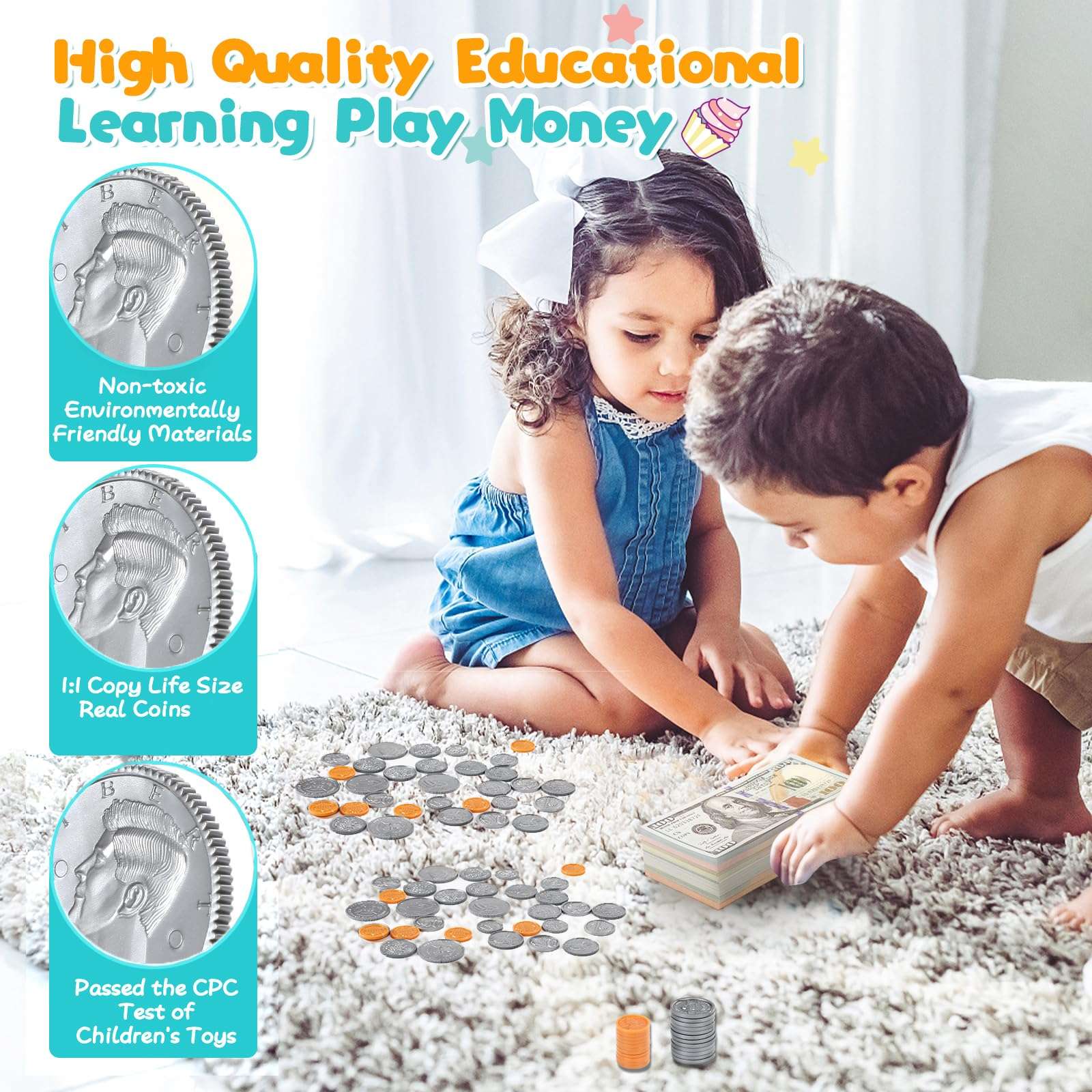 Quiet Flower Learning Pretend Play Coin, Copy Pretend Coins Toys for Kids, Prop Fake Coins and Banking Play Toys Set(200pcs) 4