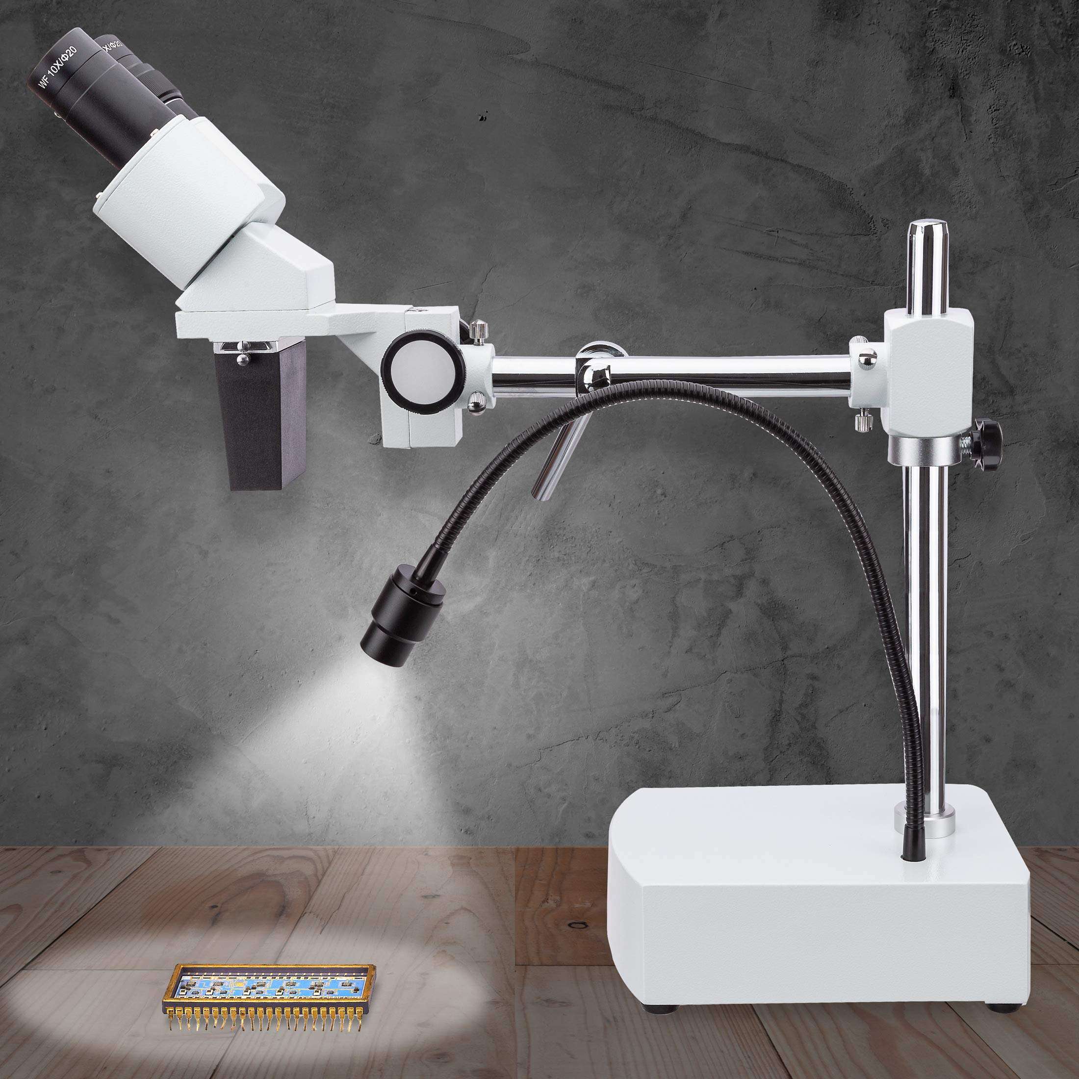 AmScope SE400X Professional Binocular Stereo Microscope, WF5x and WF10x Eyepieces, 5X and 10X Magnification, 1X Objective, LED Lighting, Boom-Arm Stand, 110V-120V 6