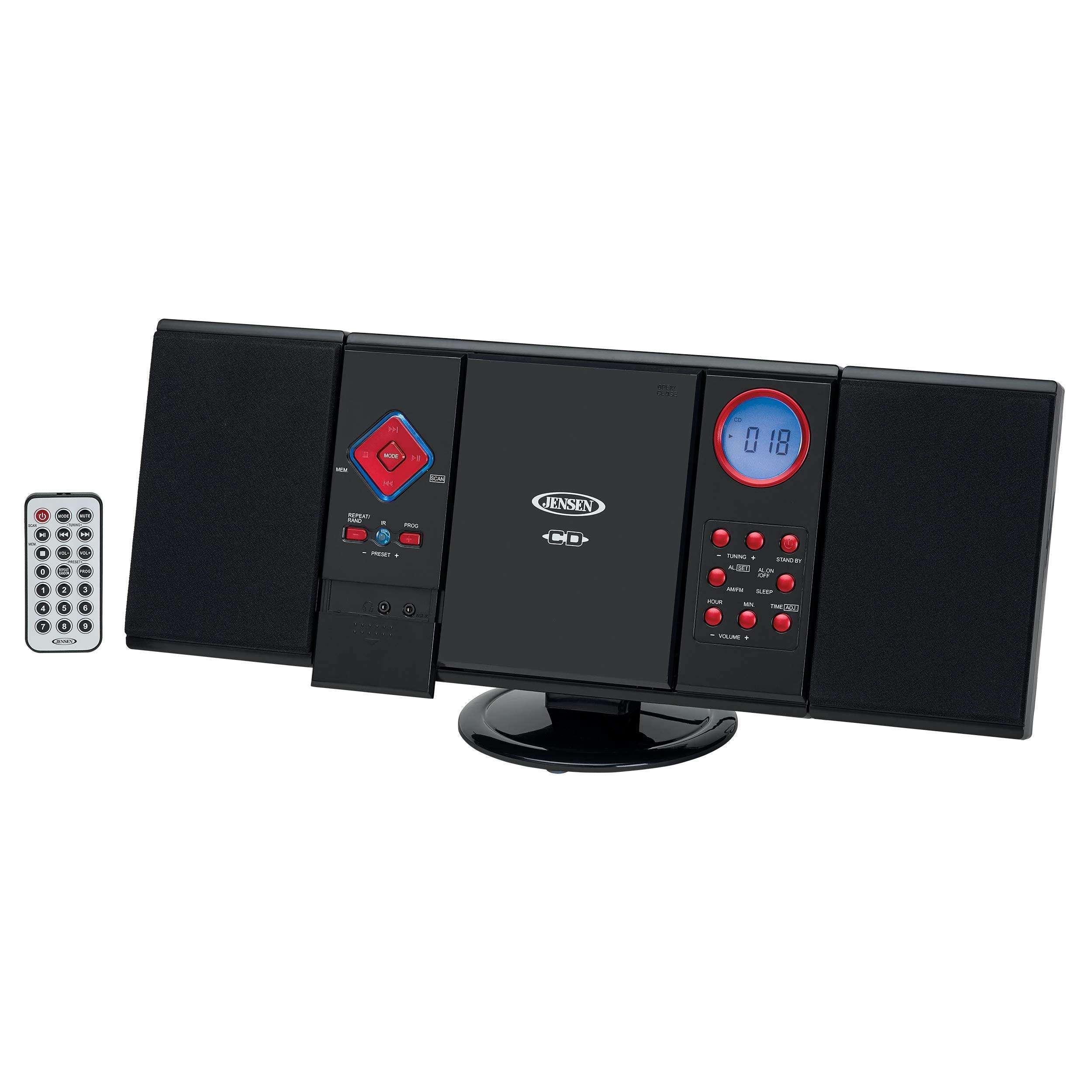 Jensen Modern Black Series JMC-180 Red Wall Mountable Vertical Loading CD Music System, Digital AM/FM Stereo with Speakers, Aux-in, & Headphone Jack Remote Control (Red) 1