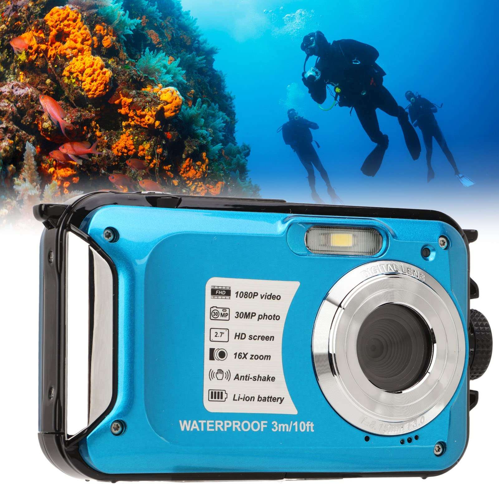 Digital Camera, 1080P 30MP 2.7 Inch Screen Underwater Camera,10FT for Snorkeling, Selfie Screen Design, Recording While Charging 6