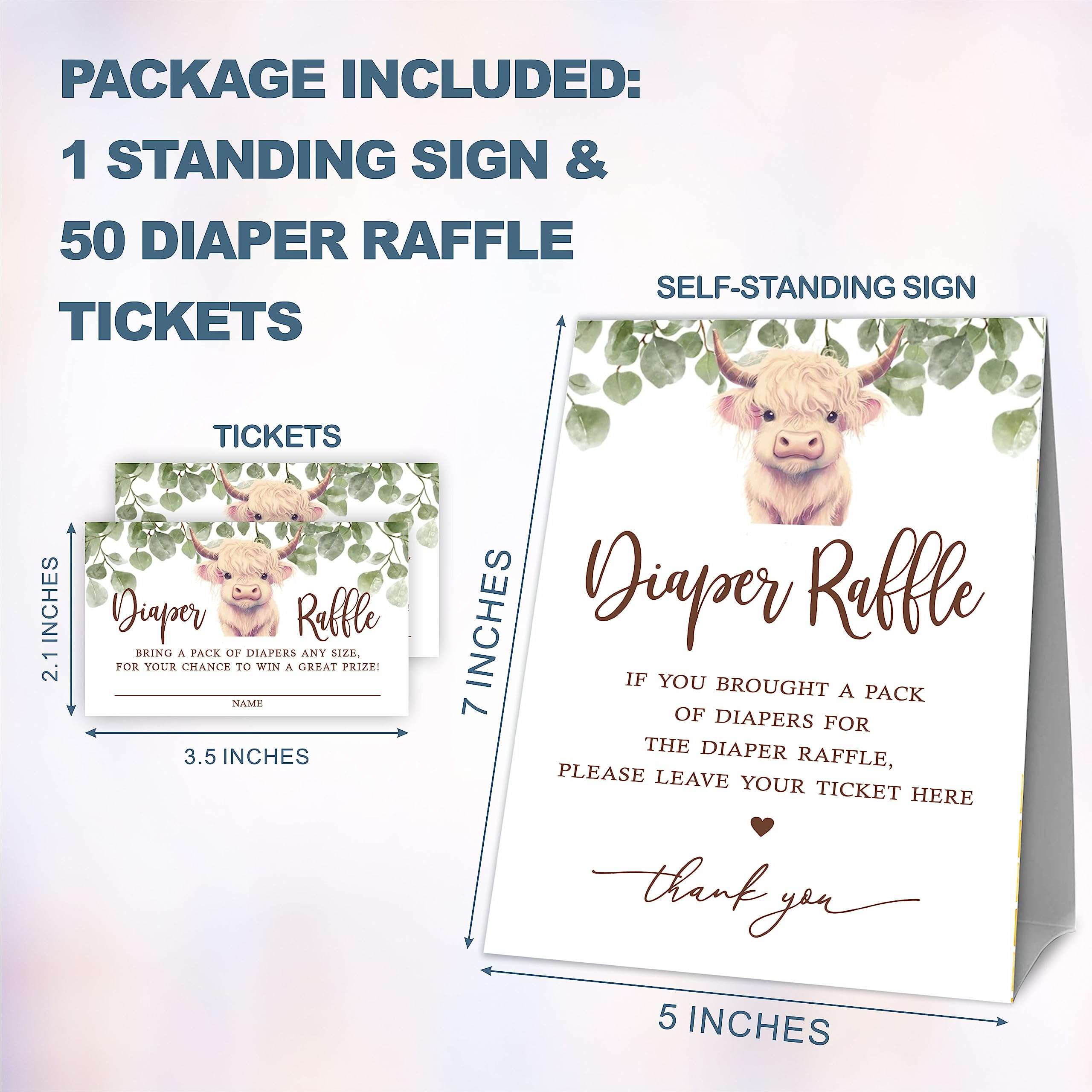 Baby Shower Diaper Raffle Game Set, Adorable Cow & Greenery, 1 Standing Sign & 50 Diaper Raffle Tickets, Gender Reveal Party Game Kit, Baby Announcement Activity Decorations And Supplies - B14 3