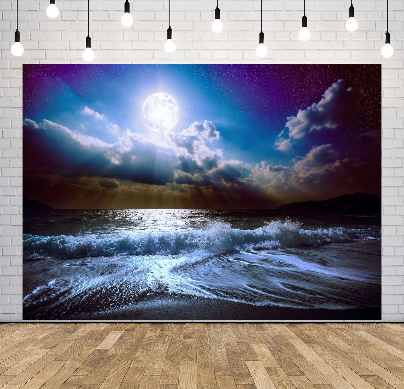 CORFOTO 17x10ft Moon Night Sea Wave Backdrop Beach Moon Night Photography Backdrop Seaside Night Sky Scenery Backdrop Art Portrait Photoshoot Bedroom Wall Decor Prop 3