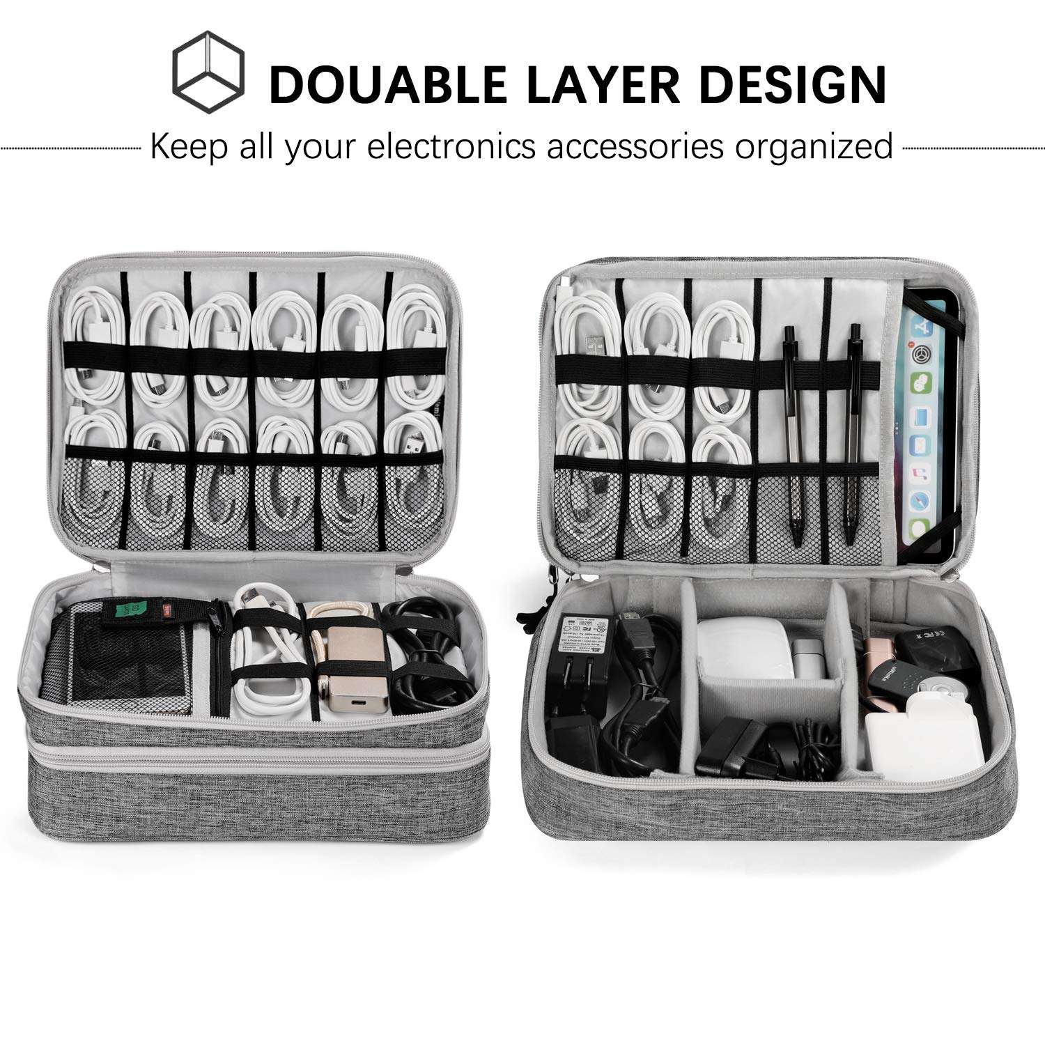 TechGround Electronics Organizer, Electronic Accessories Cable Organizer Bag Double Layer Travel Cord Organizer Bag for Cables, Laptop Charger, iPad Pro 11'' Tablet and More, Grey, RR-011G 2
