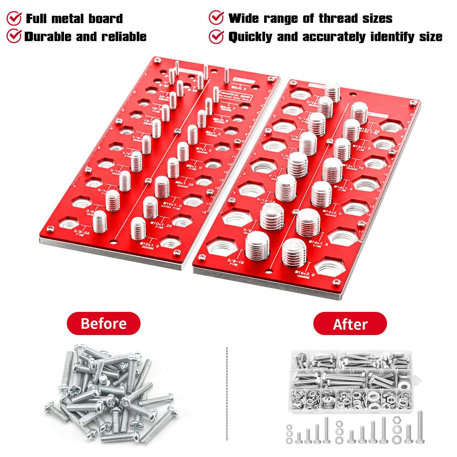 Thread Checker, 2-in-1 Nut and Bolt Thread Checker, 38 Bolt Size and Thread Gauge, 17 Metric & 21 Standard Sizes Bolt and Nut Identifier Gauge, Thread Checker with Inch and Centimeter Ruler (Red) 6