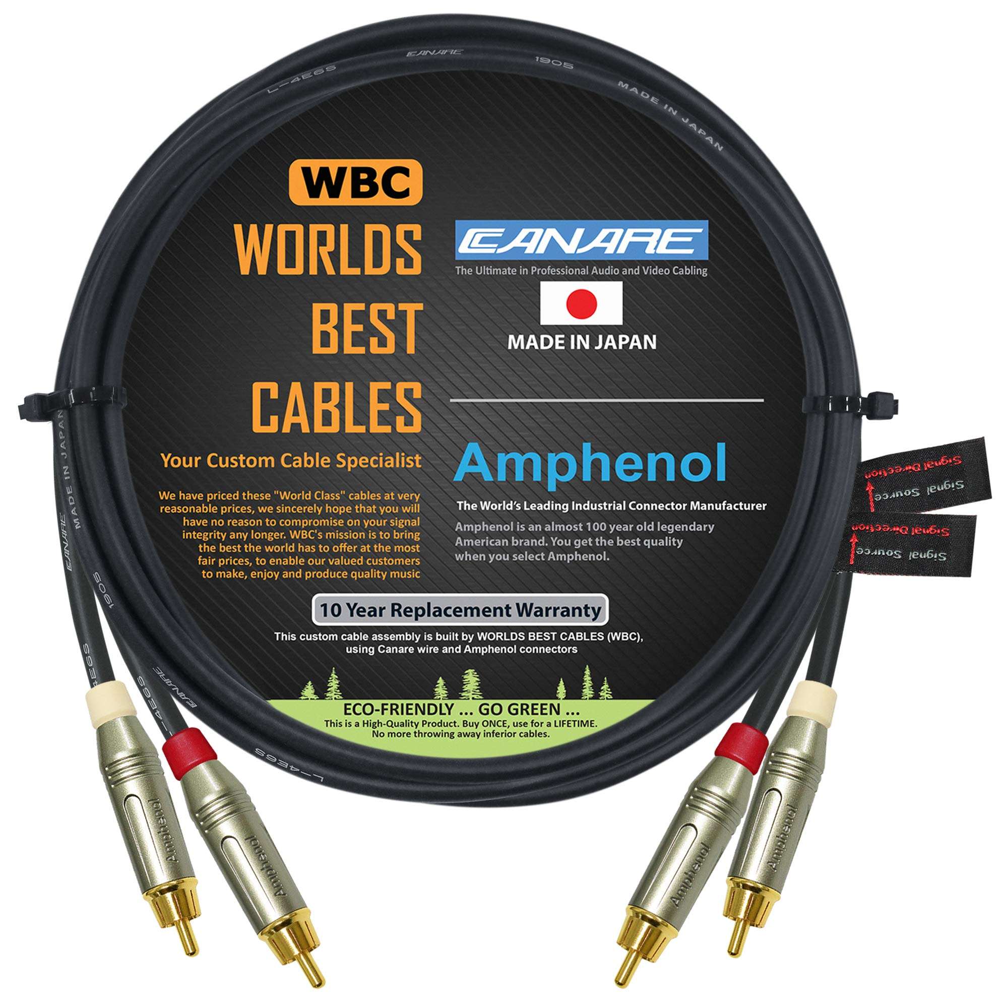 WORLDS BEST CABLES 3 Foot RCA Cable Pair - Made with Canare L-4E6S, Star Quad, Audio Interconnect Cable and Amphenol ACPR Gold RCA Connectors – Directional Design - Custom Made
