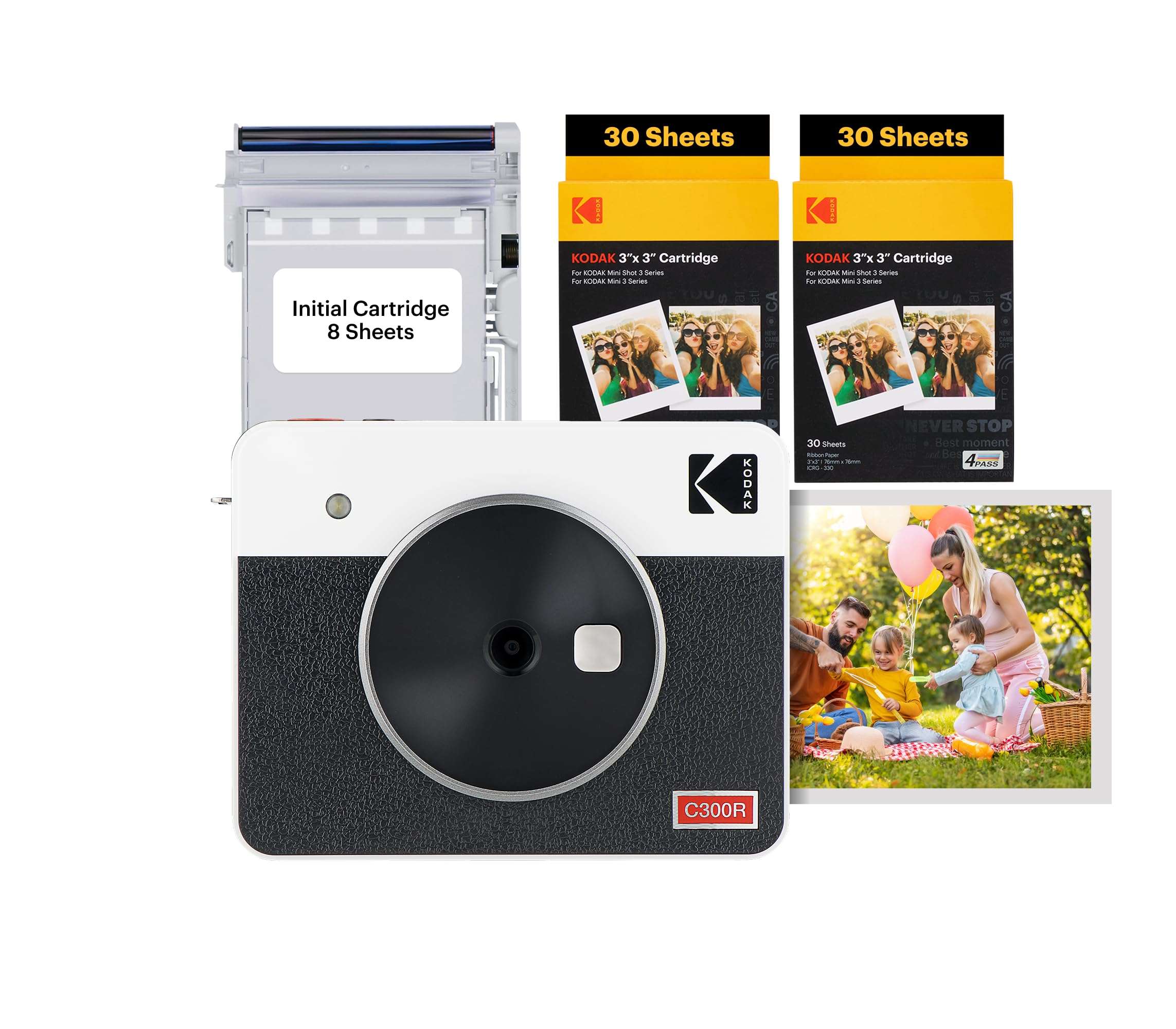 KODAK Mini Shot 3 Retro 4PASS 2-in-1 Instant Digital Camera and Photo Printer (3x3 inches) + 60 Sheets Cartridge Bundle, White 1