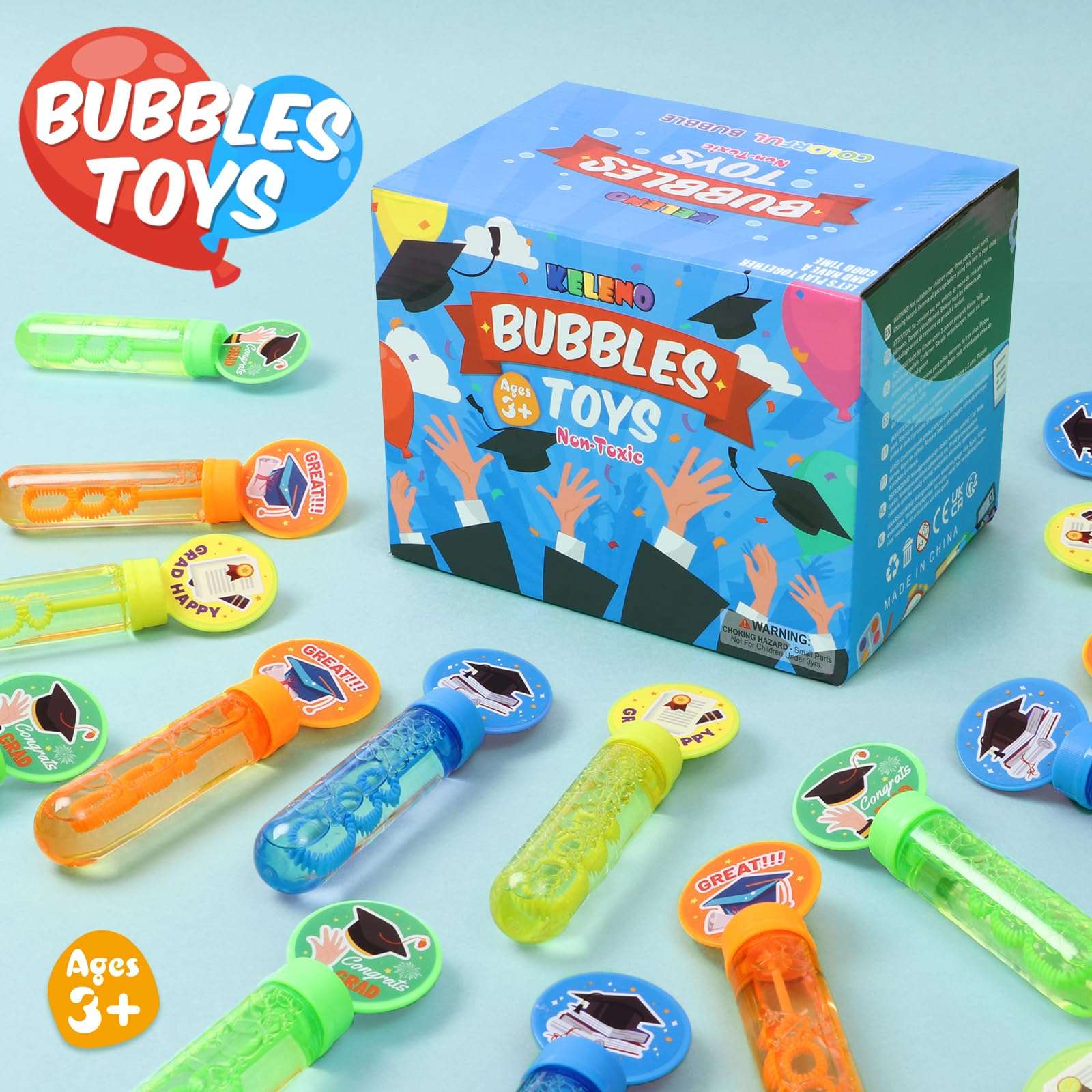 KELENO 24 Graduation Party Favors Mini Bubbles Birthday Supplies Bubble Wands Bulk Adults Prize Goodie Bag Stuffers Preschool Kindergarten Grad Toy Gift Class Bubble Party Favors for Kids 3-5 4-8 5