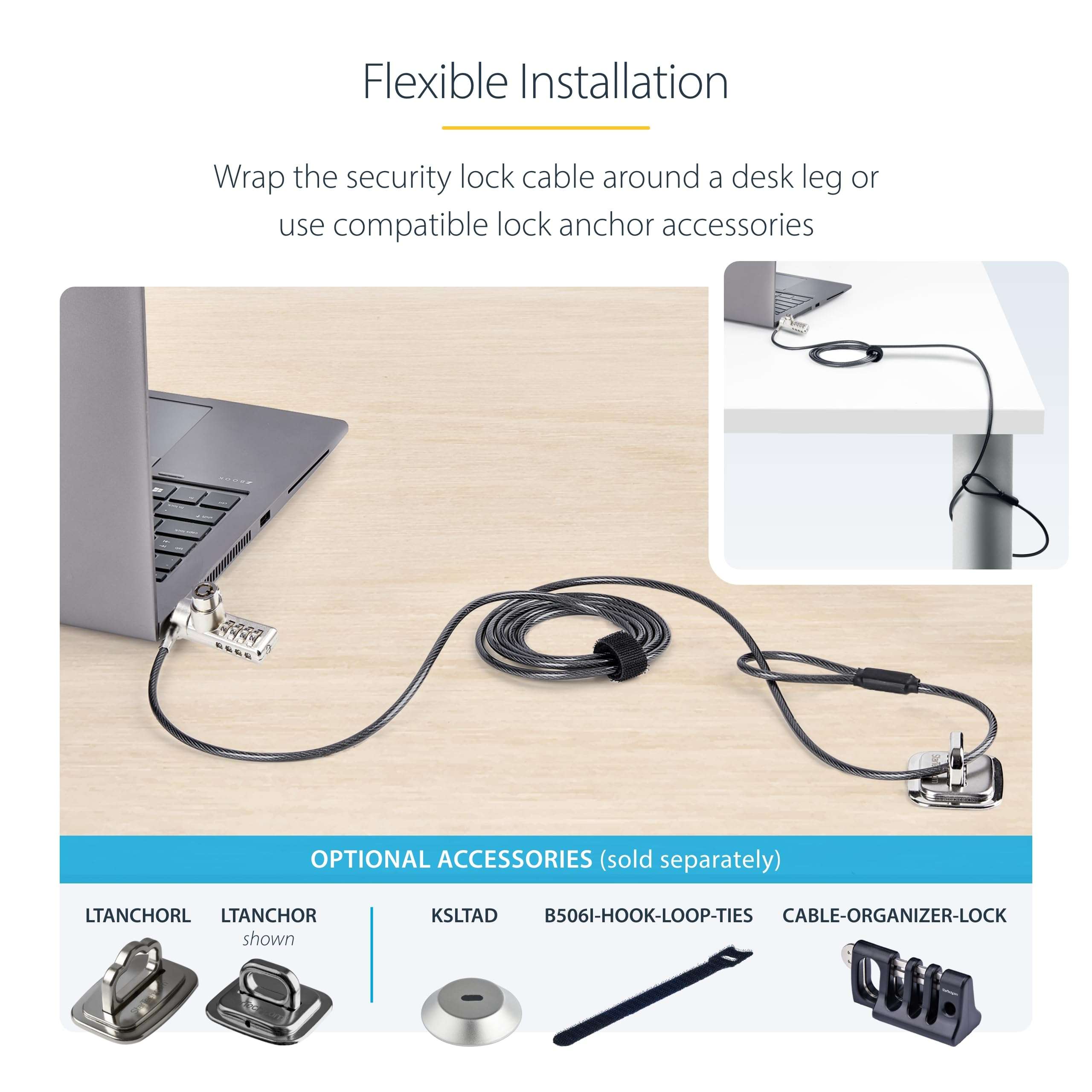 StarTech.com 10-Pack Dual-Access Laptop Lock, 6.6ft (2m) Keyed Alike and Combination Security Cable Lock for K-Slot Devices, TAA 6