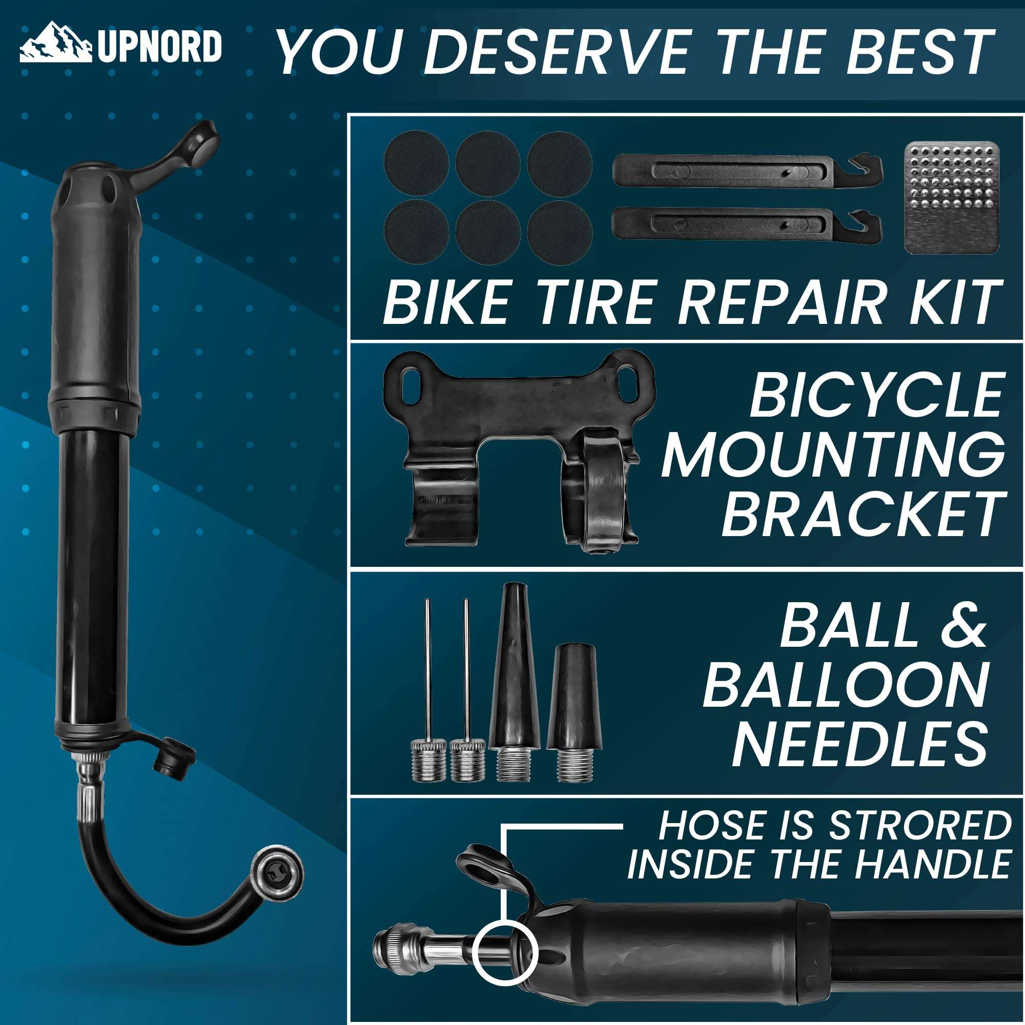 UpNord Portable Mini Bike Pump - Compatible with Presta & Schrader Valves - High Pressure PSI - Road, Mountain Bicycle Tire Air Pump - Compact & Fast Use - Includes Bike Frame Mount & Tire Repair Kit 5