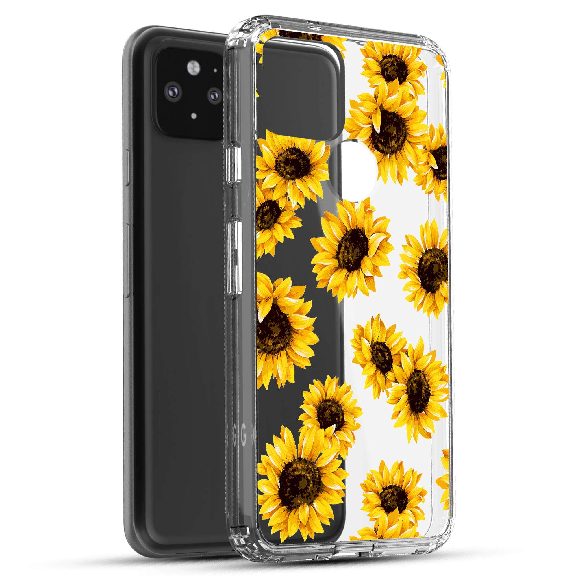 Google Pixel 5 Case, RANZ Anti-Scratch Shockproof Series Clear Hard PC+ TPU Bumper Protective Cover Case for Google Pixel 5 - Sunflowers 2