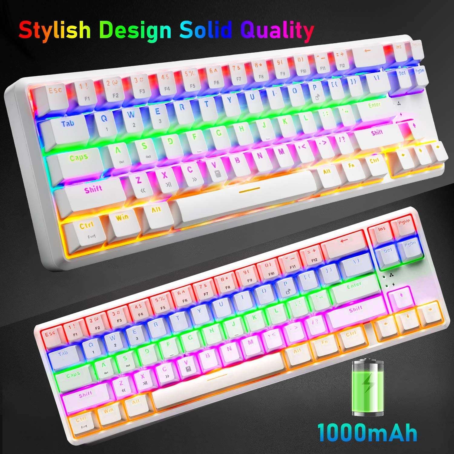 Wireless Mechanical Gaming Keyboard,60% Ultra-Compact Blue Backlit Rechargeable Bluetooth Dual Wired/Wireless Blue Switches Computer Keyboard for Multi-Device Phone Android Mobile(White Rainbow) 5